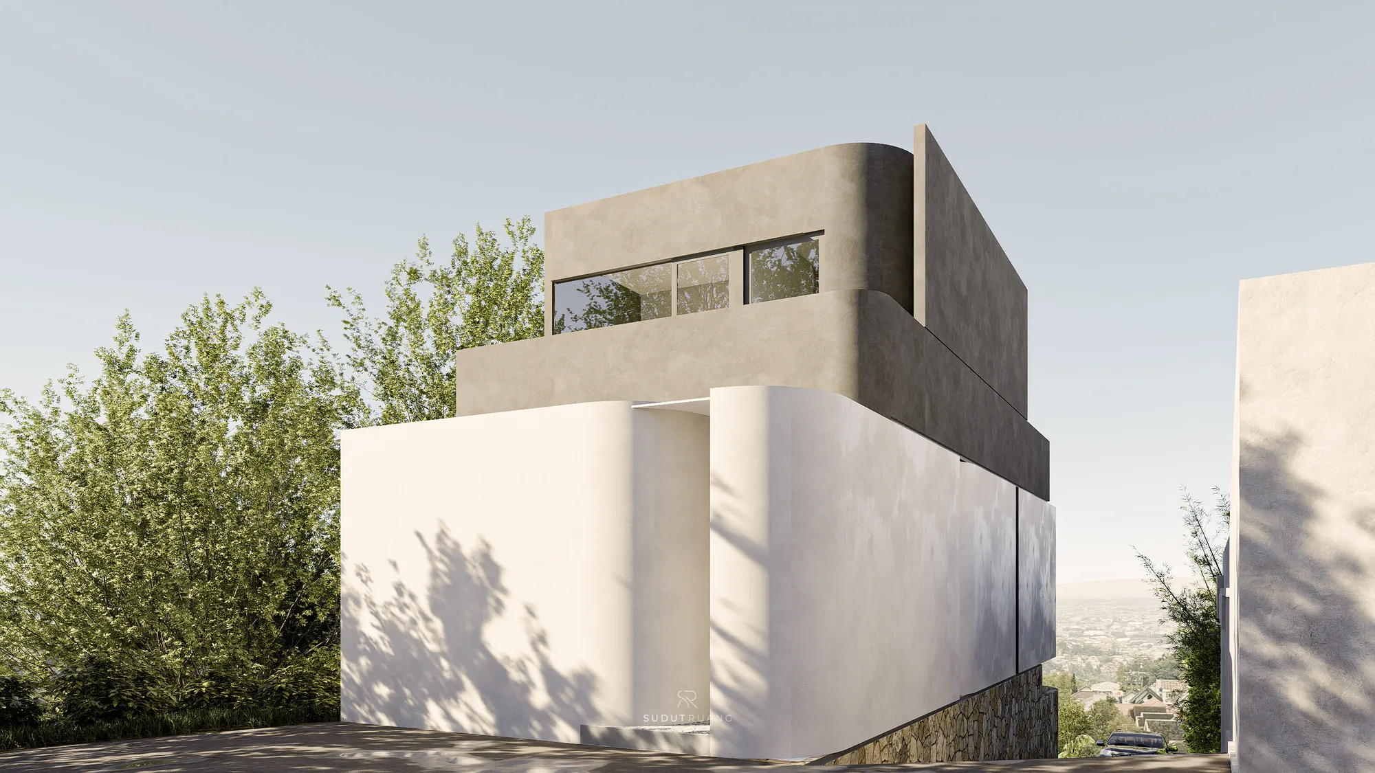 A curved white volume and gray upper mass of LK House catching the afternoon light, the city spreading out faintly in the distance.