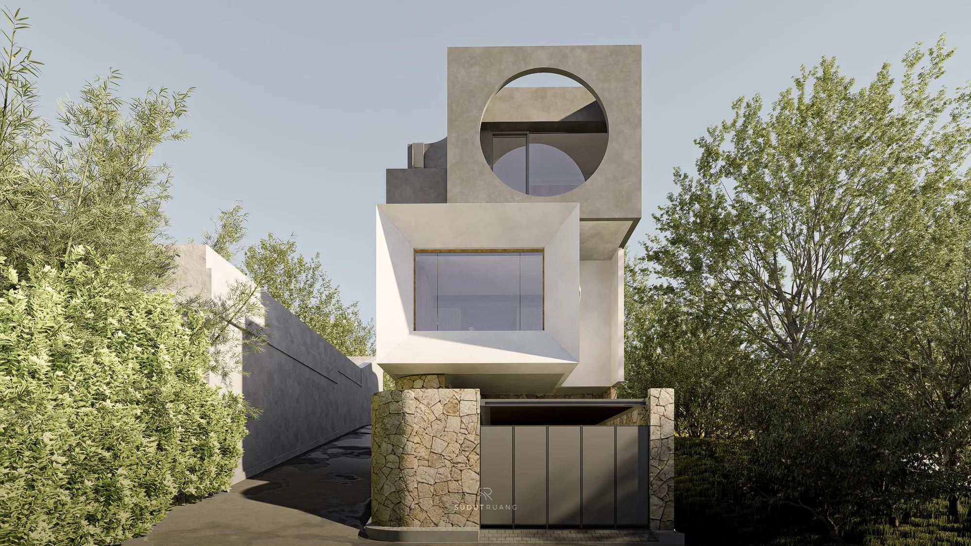LK House seen head-on, its circular oculus, cantilevered glass corner and fieldstone base stacked into one sculptural front elevation.