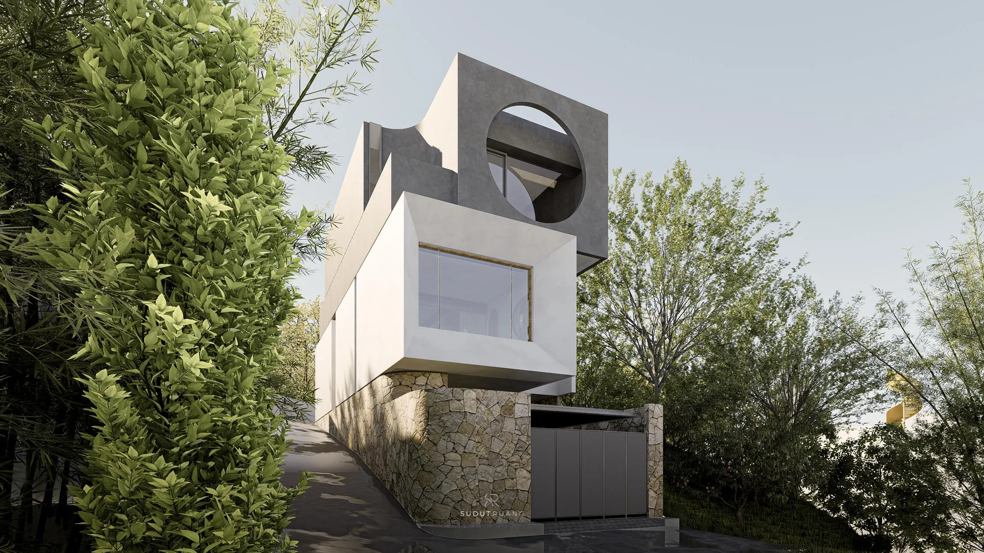LK House's stacked massing rising through trees, a white cantilevered box with a faceted glass corner beneath an upper mass pierced by a circular oculus, set on a fieldstone base.