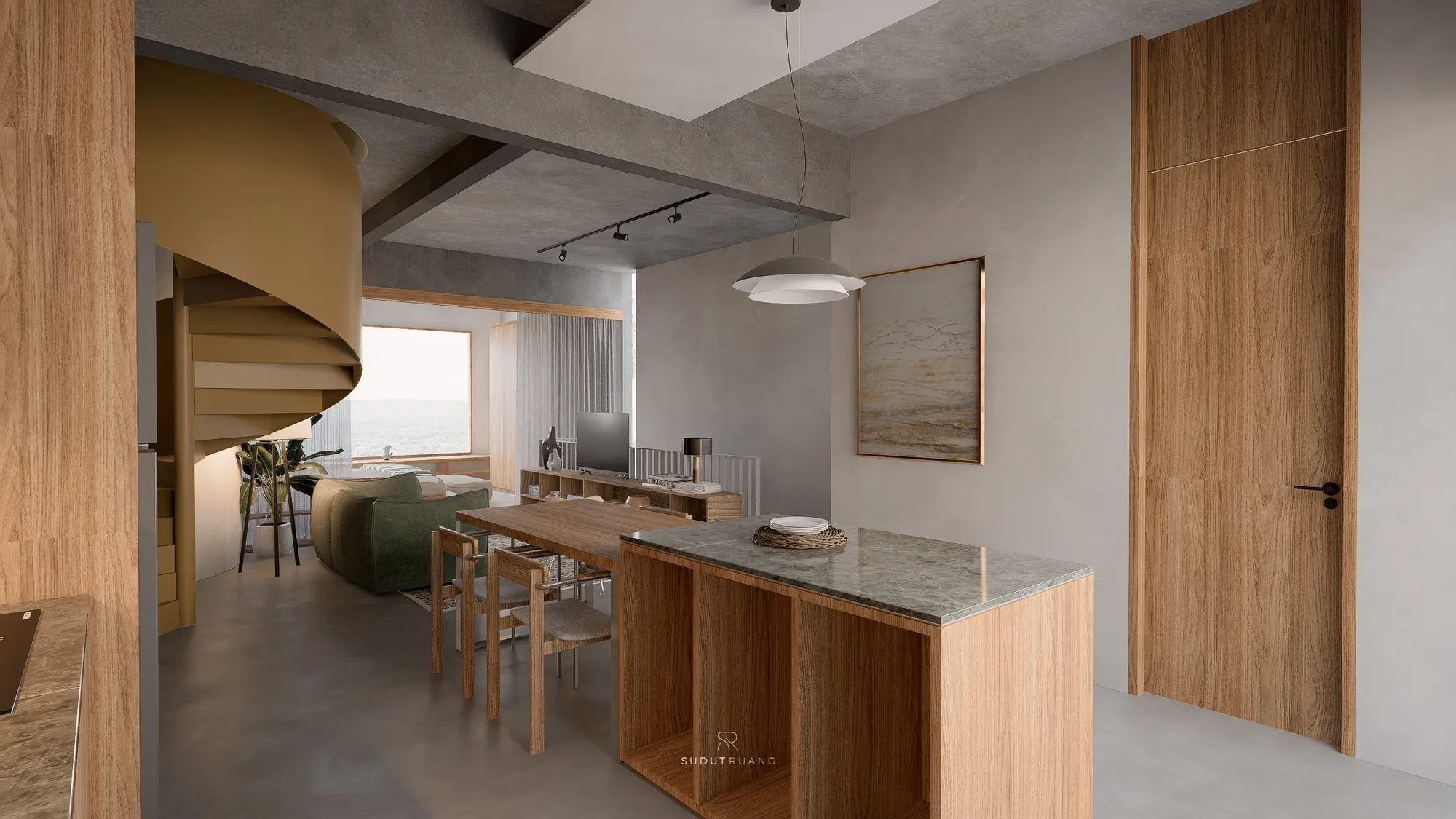 LK House's open living level, the mustard-gold spiral stair rising beside a dining table, kitchen island and green sofa.