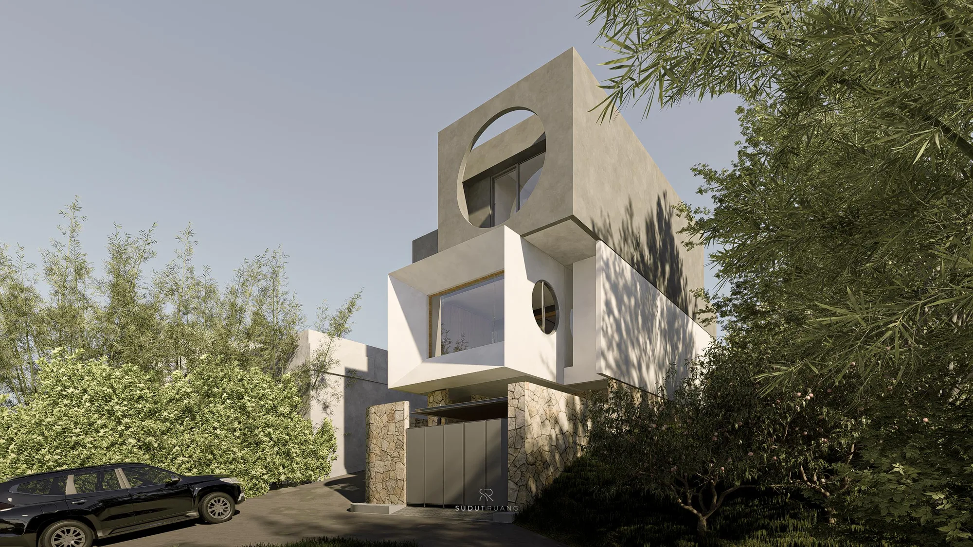 LK House's front elevation at dusk, warm light glowing behind the glazing as a car sits in the driveway below.