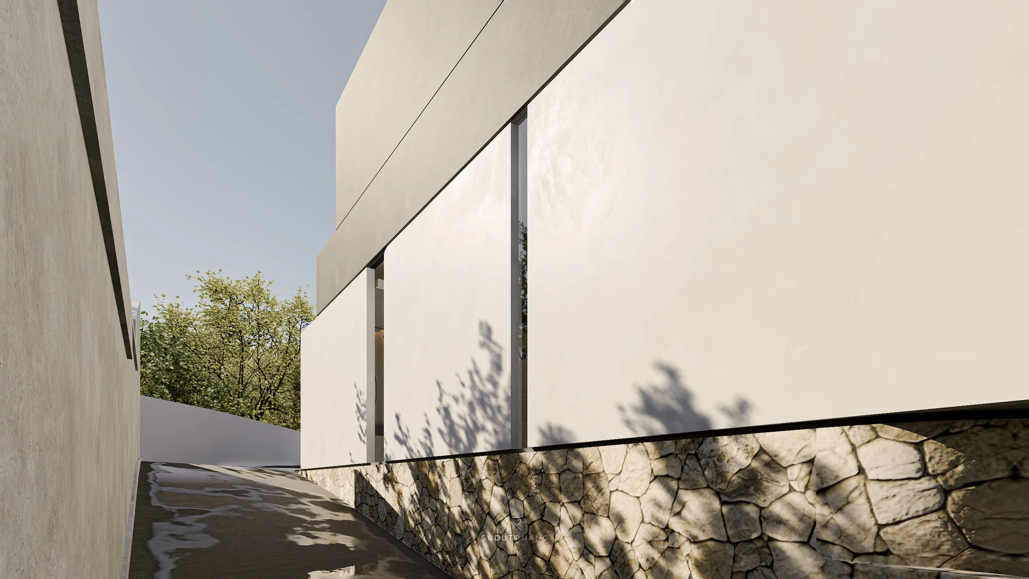 A close angle on LK House's pale rendered upper walls, narrow slot windows catching tree shadow above the fieldstone base.