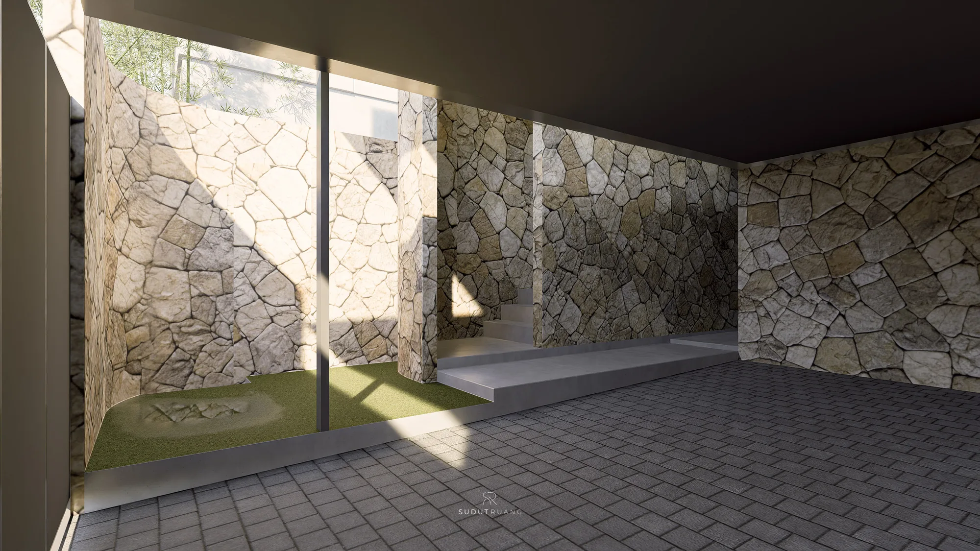 LK House's stone-walled entry corridor, a narrow grass strip and concrete steps leading up from the carport into the house.