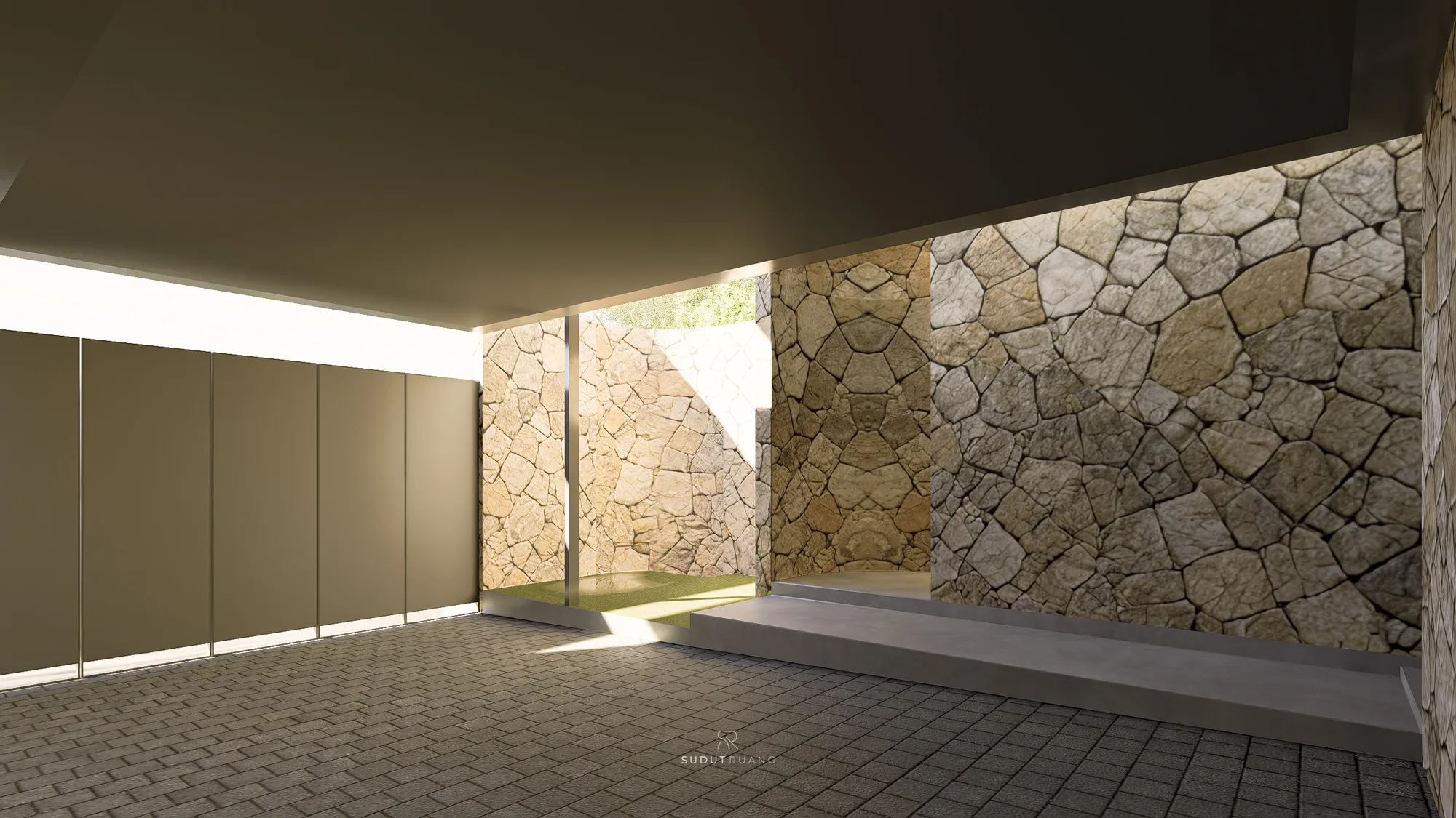 The same stone corridor seen wider, garage doors set into fieldstone walls on both sides of the entry path.
