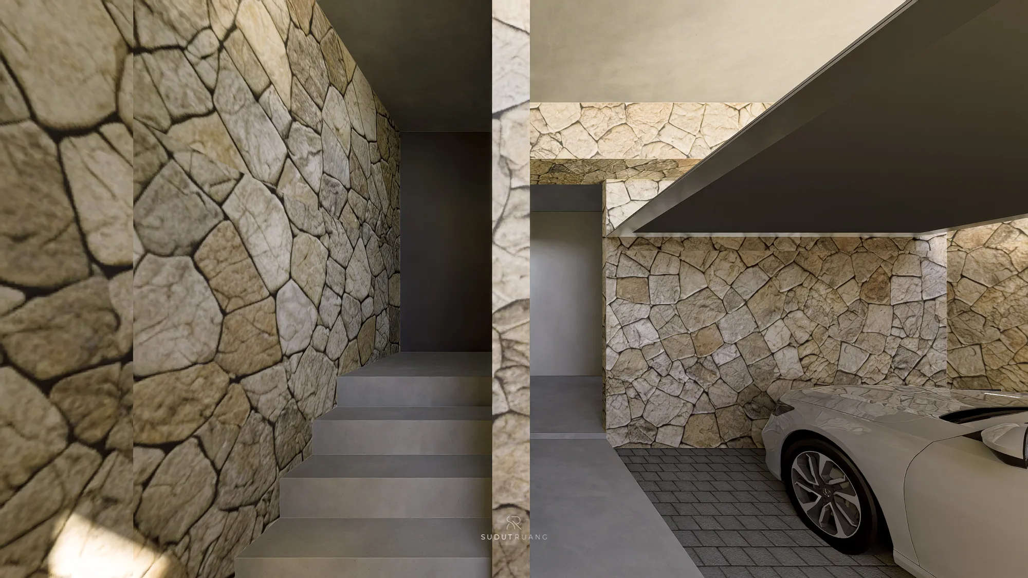 A closer view of the fieldstone cladding beside the carport corridor, a car parked at the far end near the garage door.