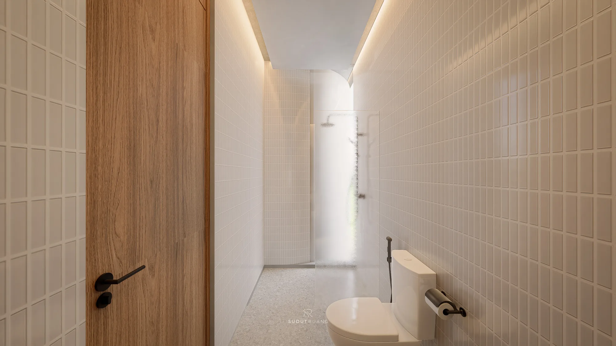 A narrow tiled bathroom at LK House, a walnut door opening onto a glass-enclosed shower at the far end.
