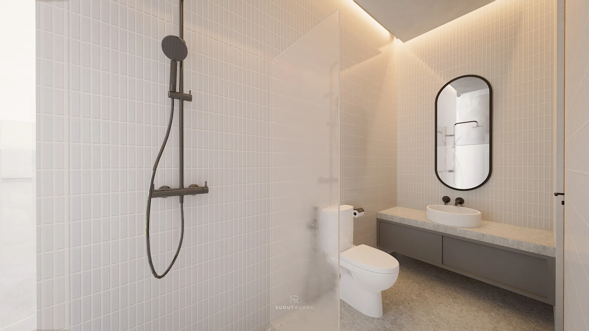 LK House's bathroom vanity with an oval mirror and floating counter, a frosted-glass shower stall beside the toilet.