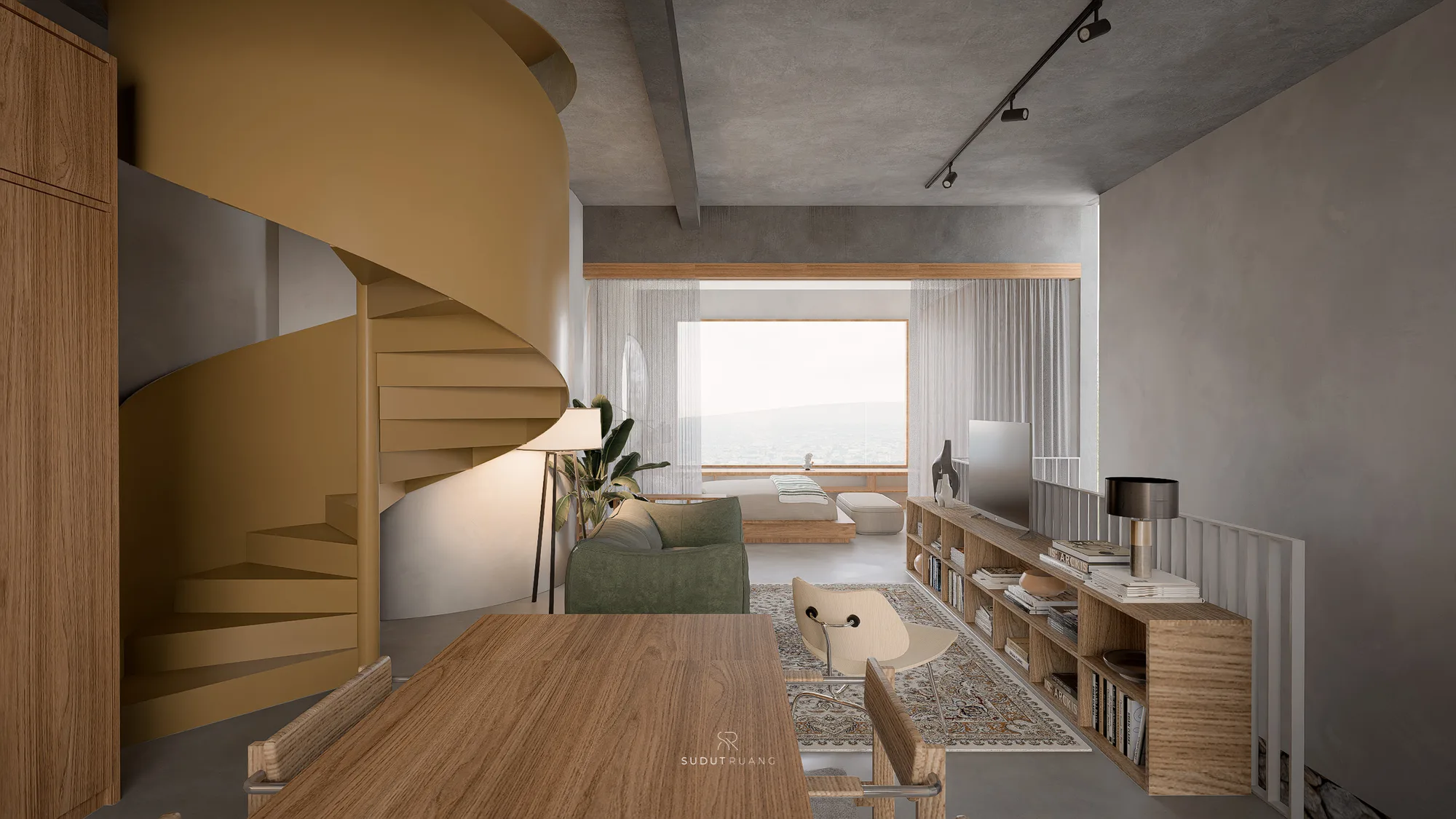 LK House's mezzanine lounge at the top of the spiral stair, sheer curtains parting onto the bedroom and its skyline window beyond.