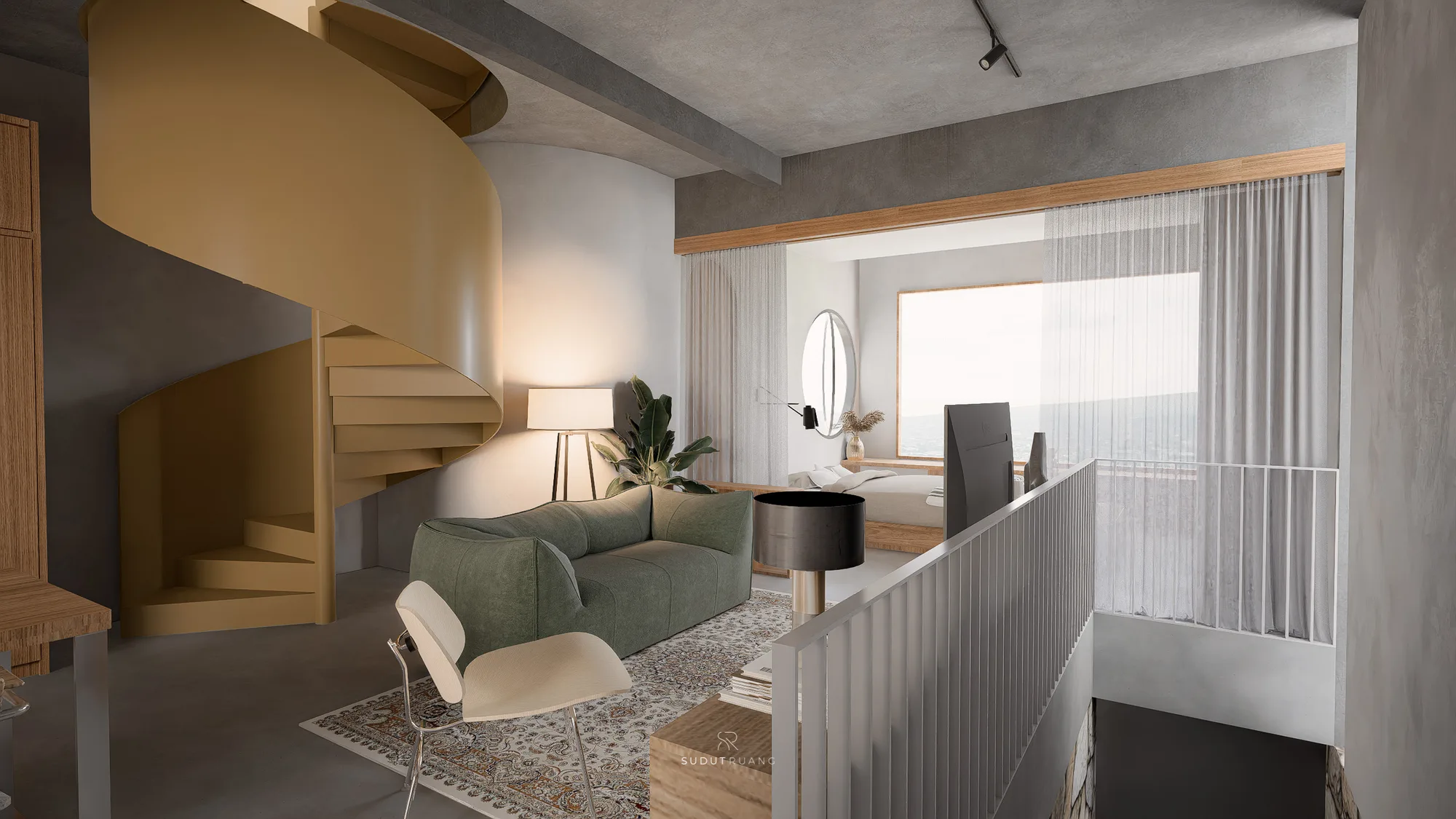 The upper bedroom's platform bed facing a full-height window onto the Bandung skyline, a round window beside it echoing the shape above.
