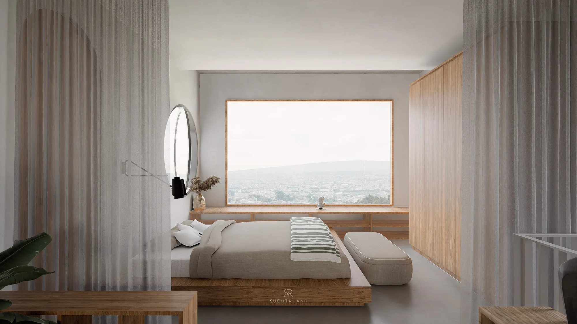 A closer view of the bedroom's round window and built-in wood bench beneath the skyline window, the city spreading out below.