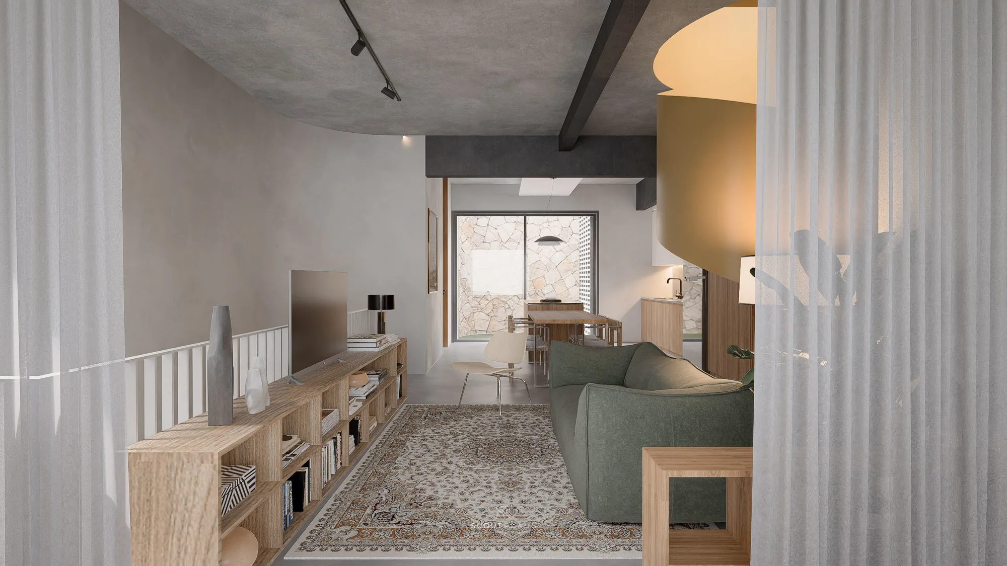LK House's kitchen and dining table in walnut wood, a sliding glass door opening onto the stone-walled corridor outside.