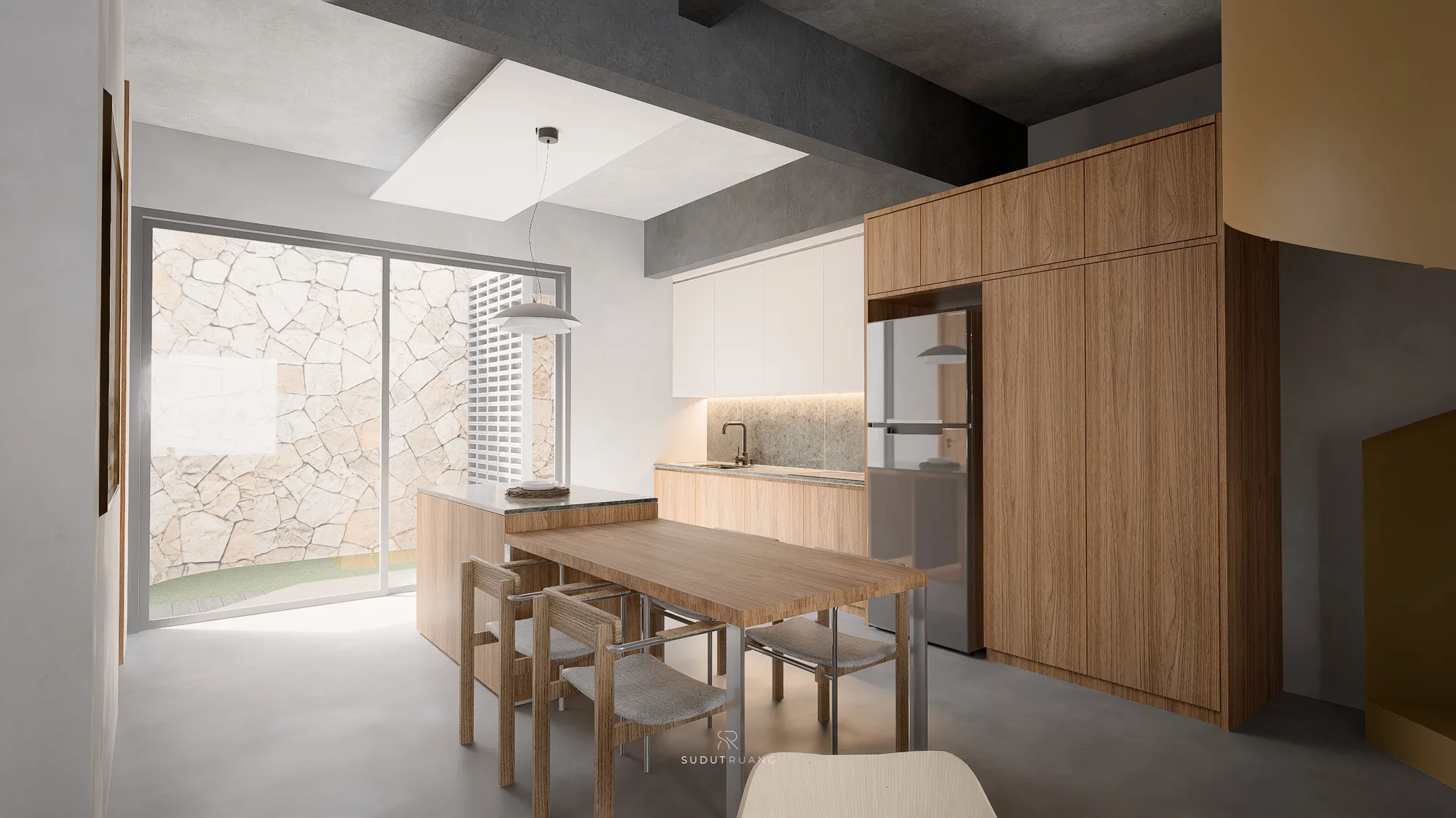 The base of LK House's mustard-gold spiral stair beside the living room, the kitchen and dining area open beyond.