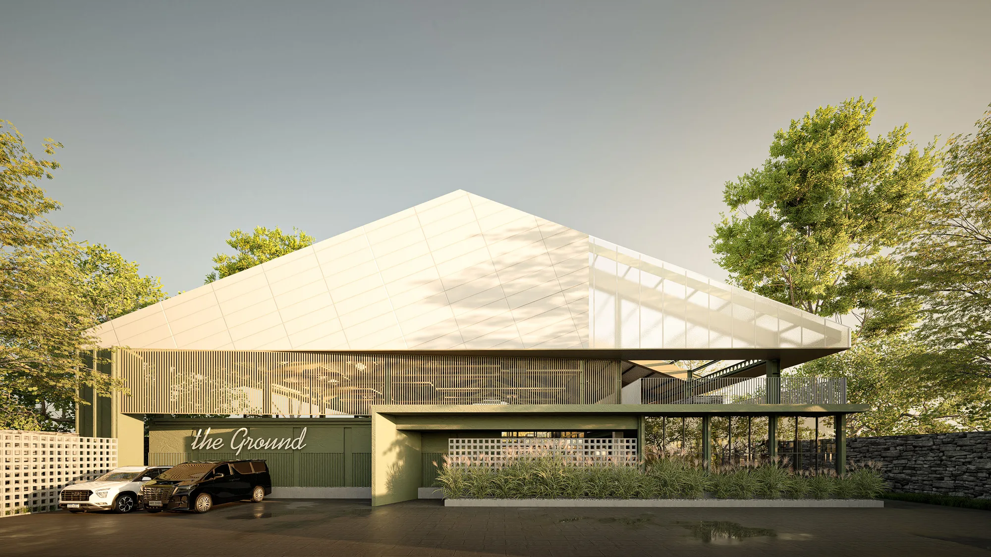 Padel Ground's folded roof plane sweeping over the entrance signage and planted base.