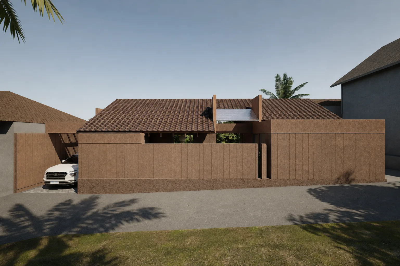 Front elevation of Padonan Villa, a white car parked beneath the tiled roof's timber eaves beside the screened garage wall.