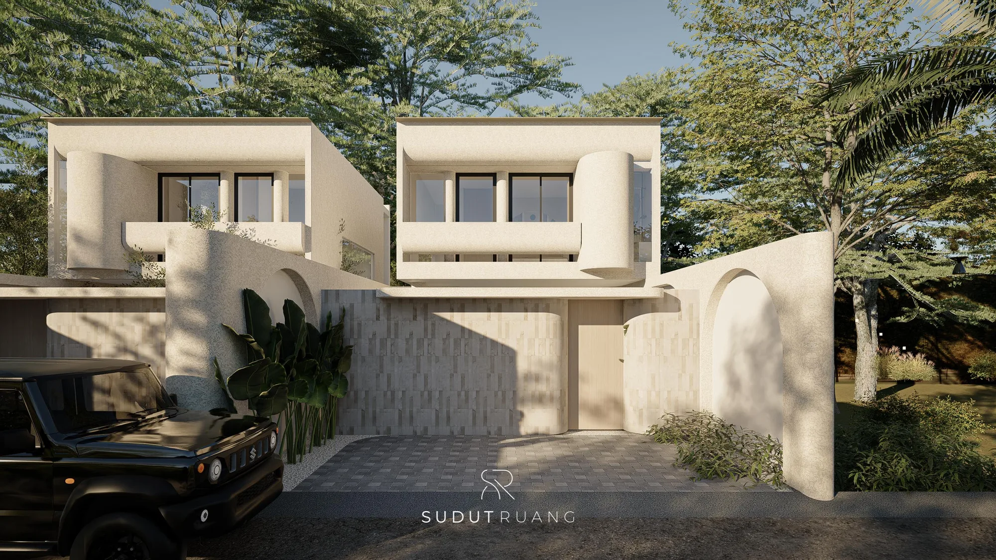 Twin villa entrances behind curved plastered archways and stone-textured walls, framed by dense tropical trees.