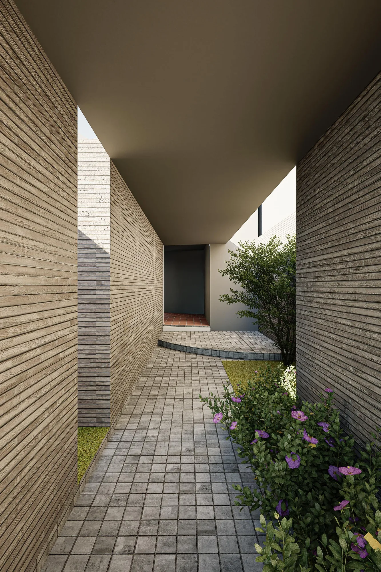 Close-up of the board-formed perimeter wall's curve catching tree shadows above the paved threshold.