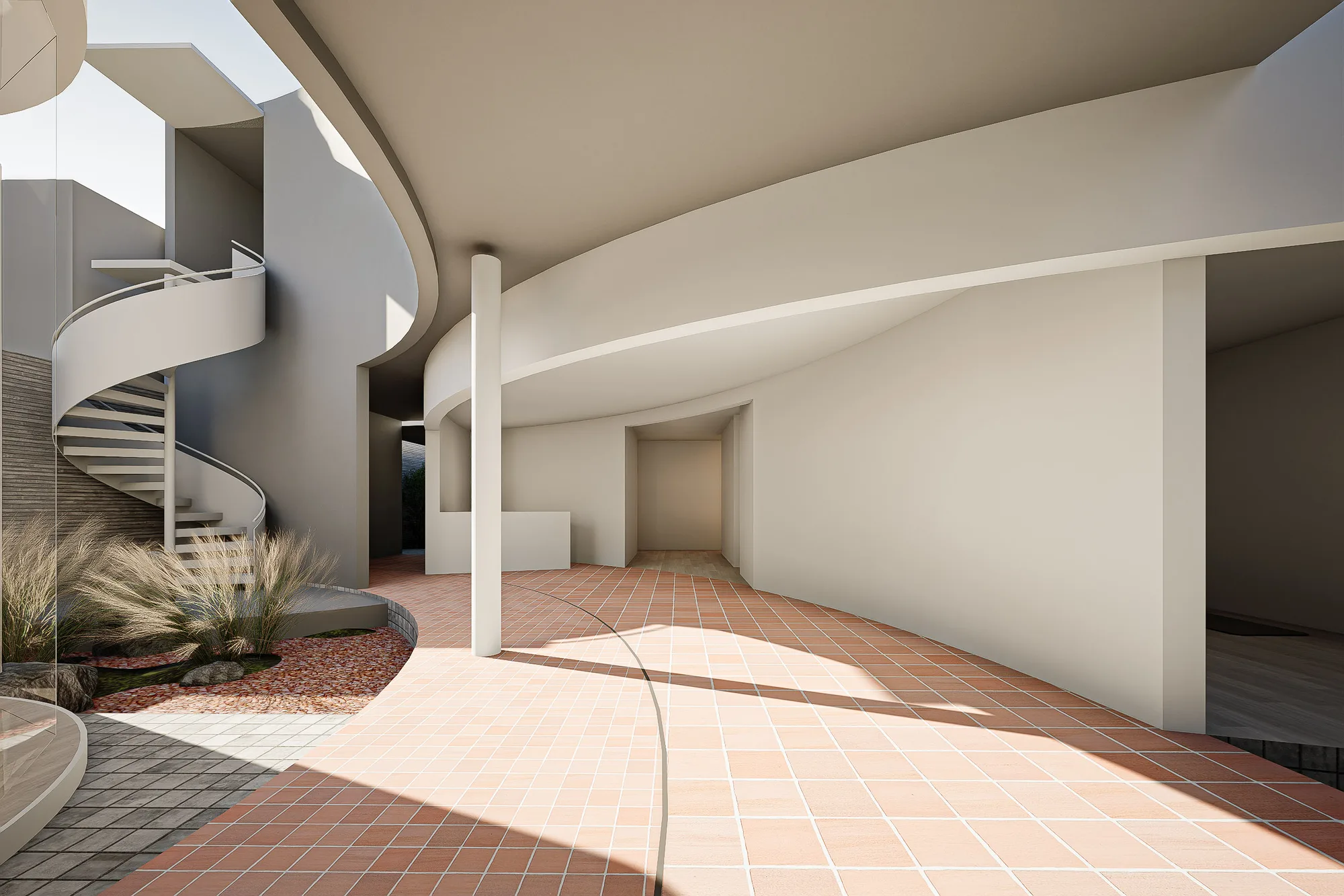 Courtyard corner where a slender column meets the curved white ceiling, with tall grass planted against the perimeter wall.