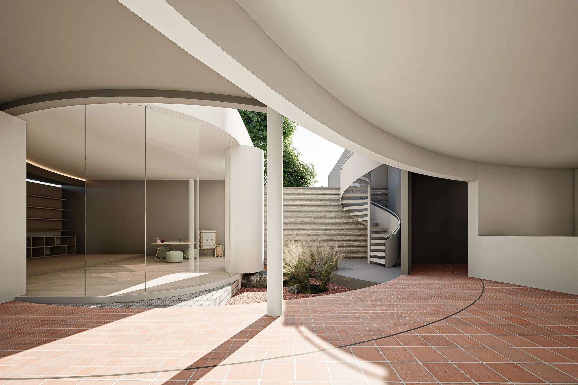 Spiral stair descending beside the curved courtyard wall, seen past a mirrored glass partition and terracotta flooring.