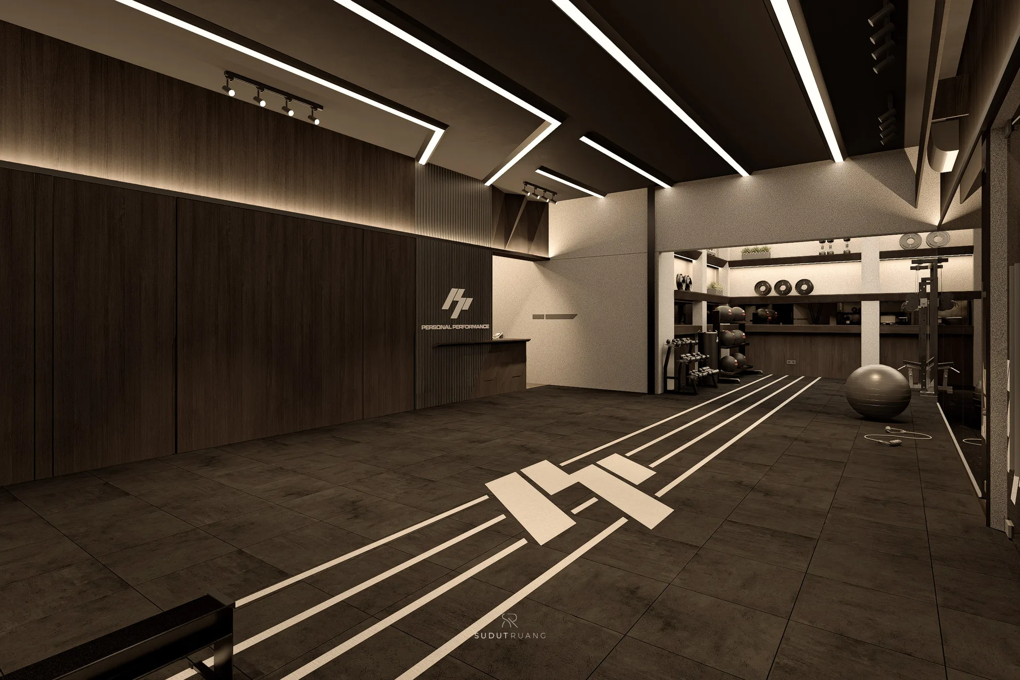 PP Gym's dark timber entrance wall lit from below, the Personal Performance logo set above a dumbbell rack.