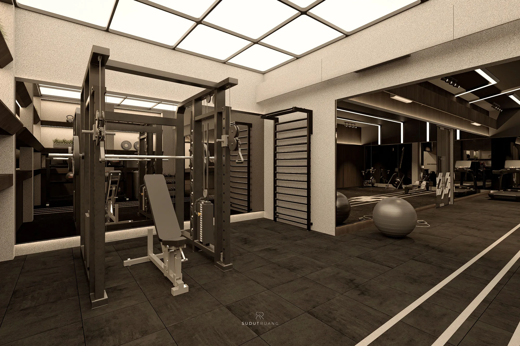 A squat rack, wall ladder and medicine balls set beneath PP Gym's skylight, opening through to the mirrored cardio room beyond.