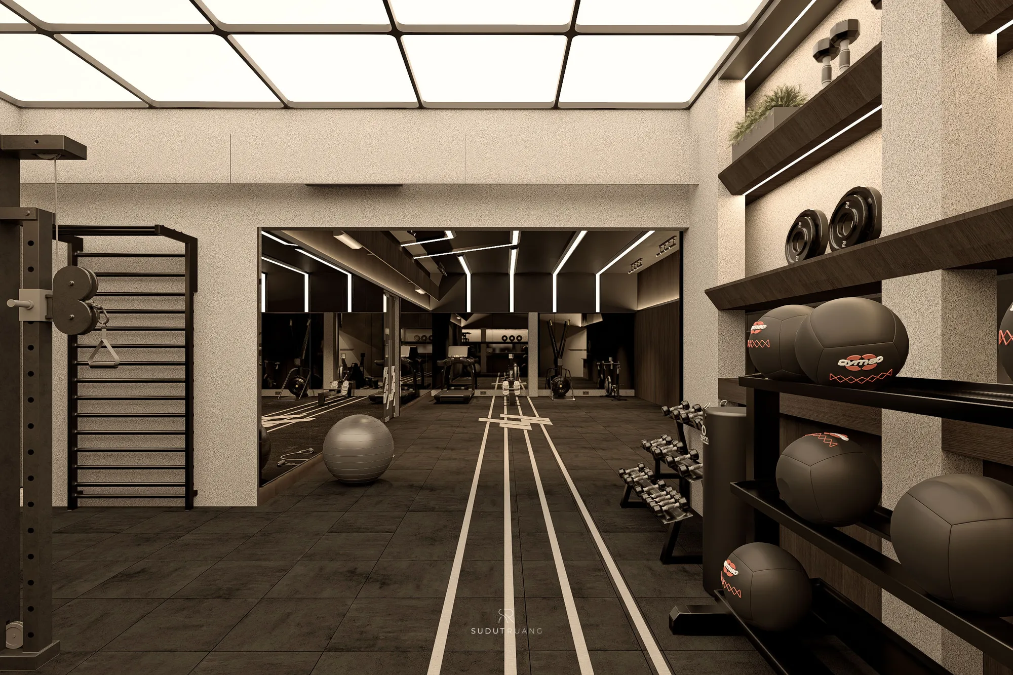 A view across PP Gym's stretching rack and dumbbell shelves toward the mirrored training floor and treadmills beyond.