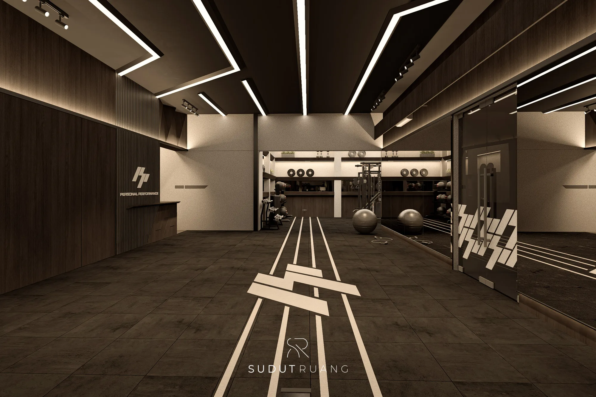 PP Gym's dark timber-panelled corridor under angled LED ceiling strips, weights and equipment lining the far wall.