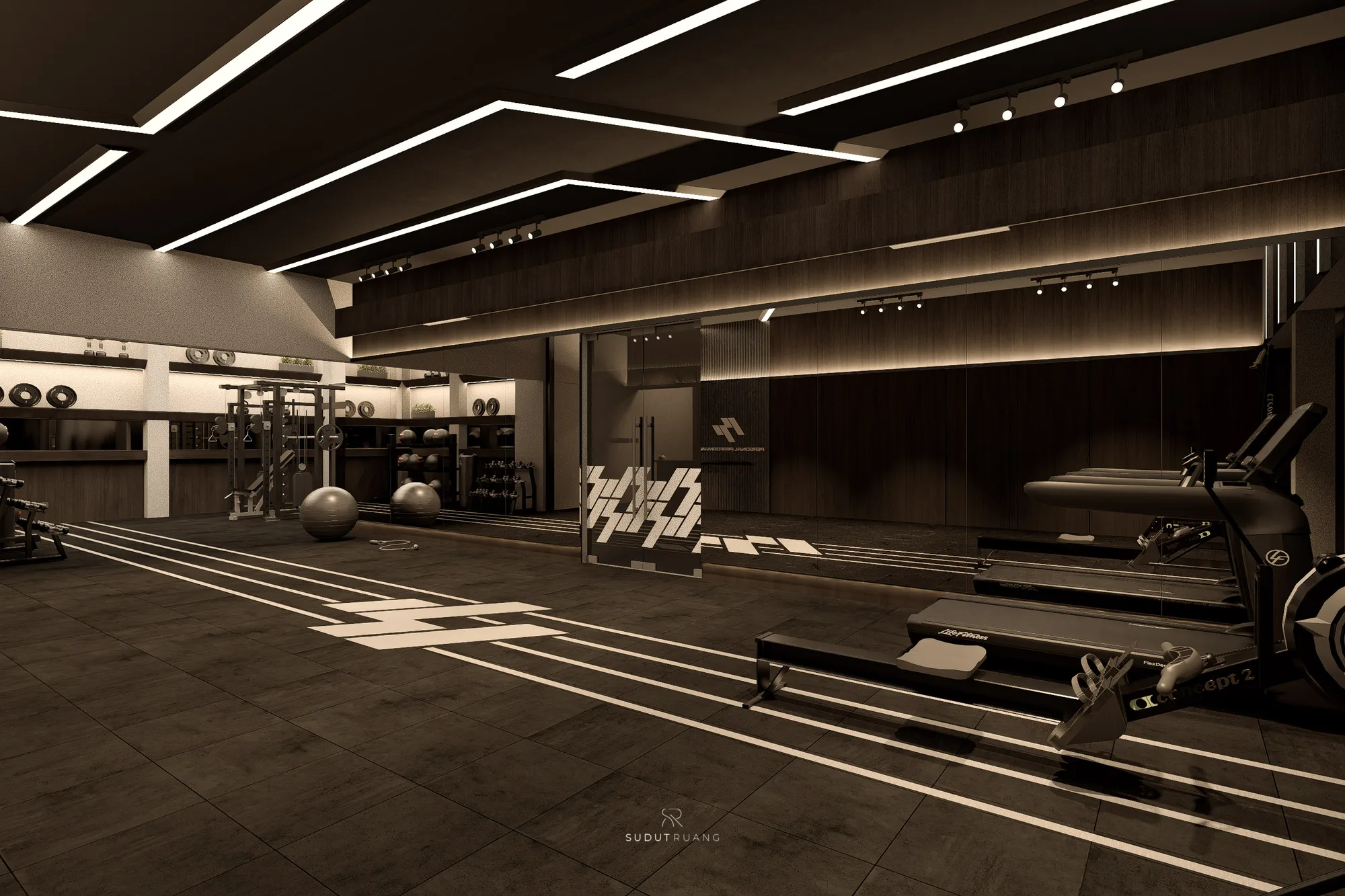 PP Gym's open training floor lined with rowing machines, medicine balls and free weights beneath angled ceiling LED strips.