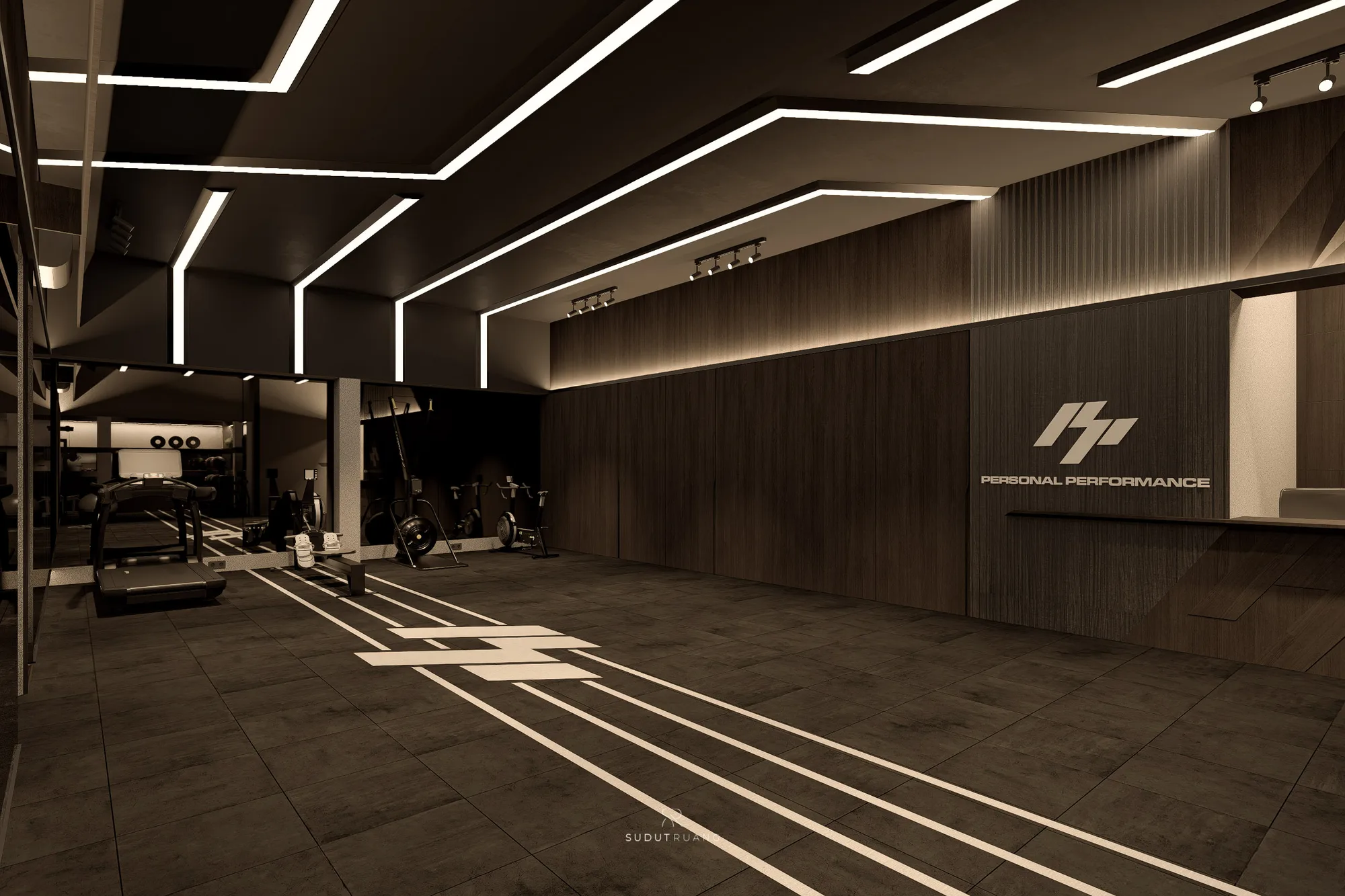 PP Gym's corridor between cardio equipment and its timber-panelled reception wall, angled LED strips tracing the ceiling above.