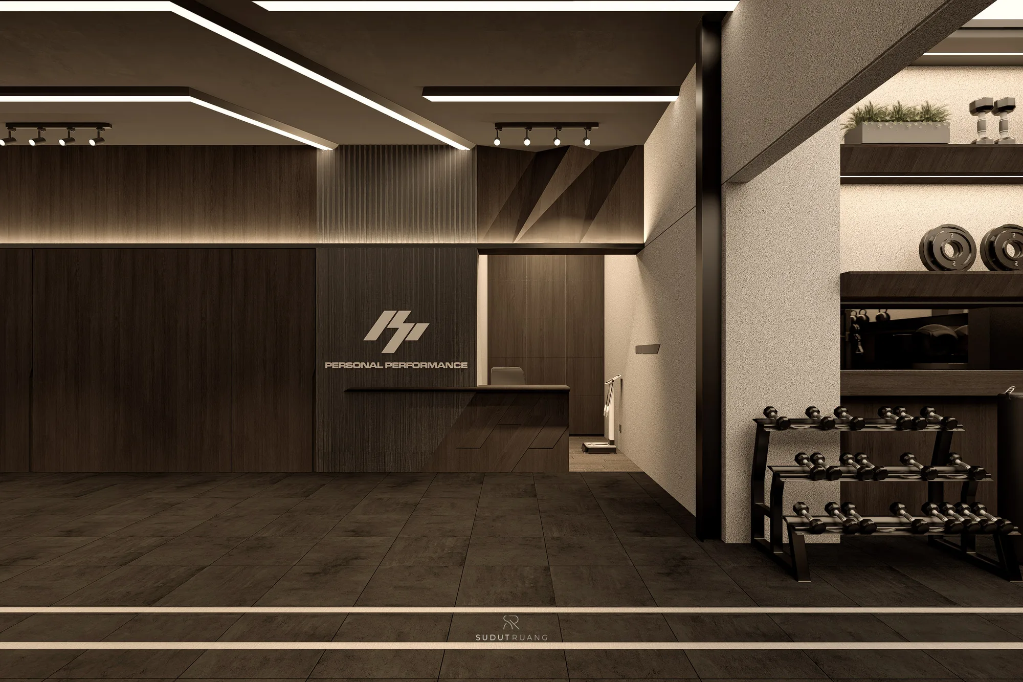 PP Gym's reception desk beneath the Personal Performance sign, angled timber panelling framing the counter.