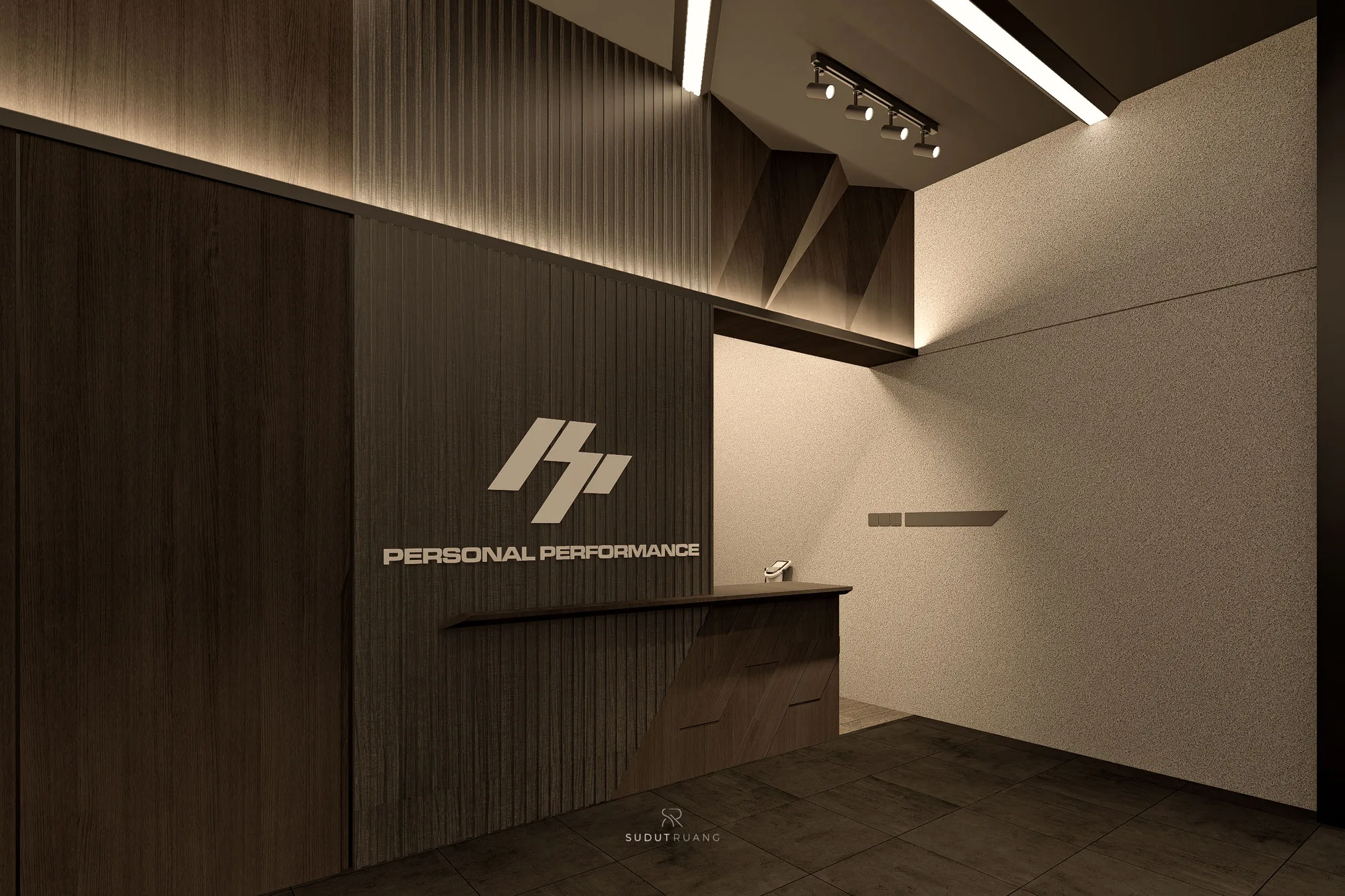 A close vertical view of PP Gym's reception desk and angled timber ceiling detail beneath the Personal Performance signage.