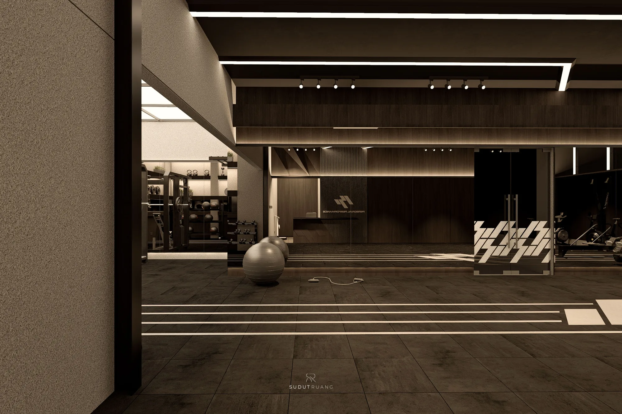 PP Gym's training corridor leading past a mirrored wall and dumbbell rack toward the reception desk at the far end.