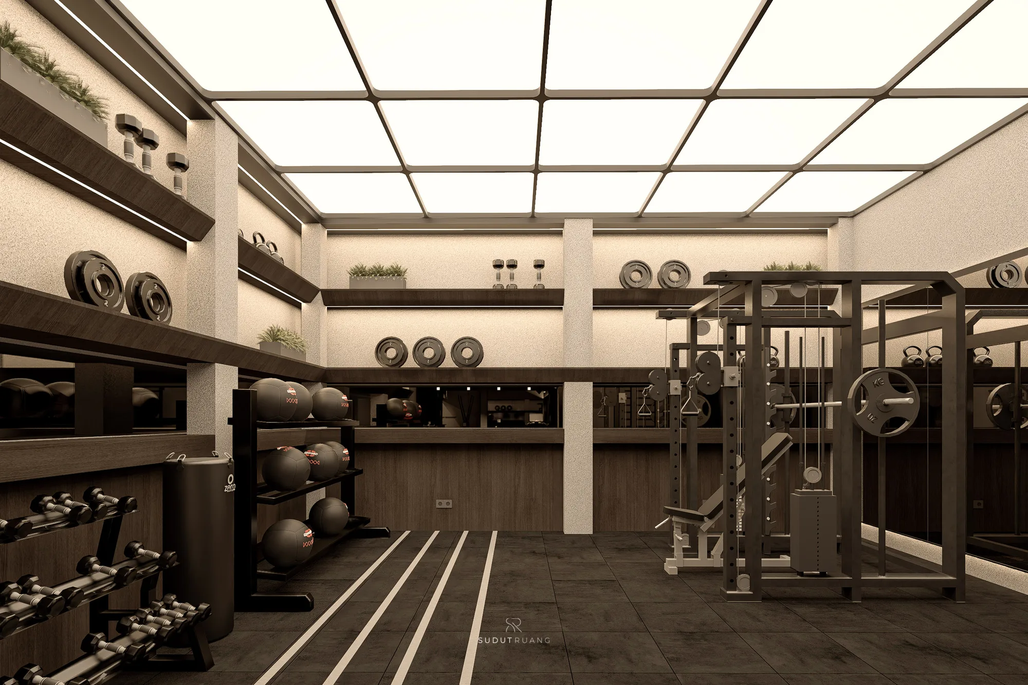 PP Gym's weight-training zone centred on a cable machine rack, shelved plates and dumbbells lit beneath a skylight ceiling.