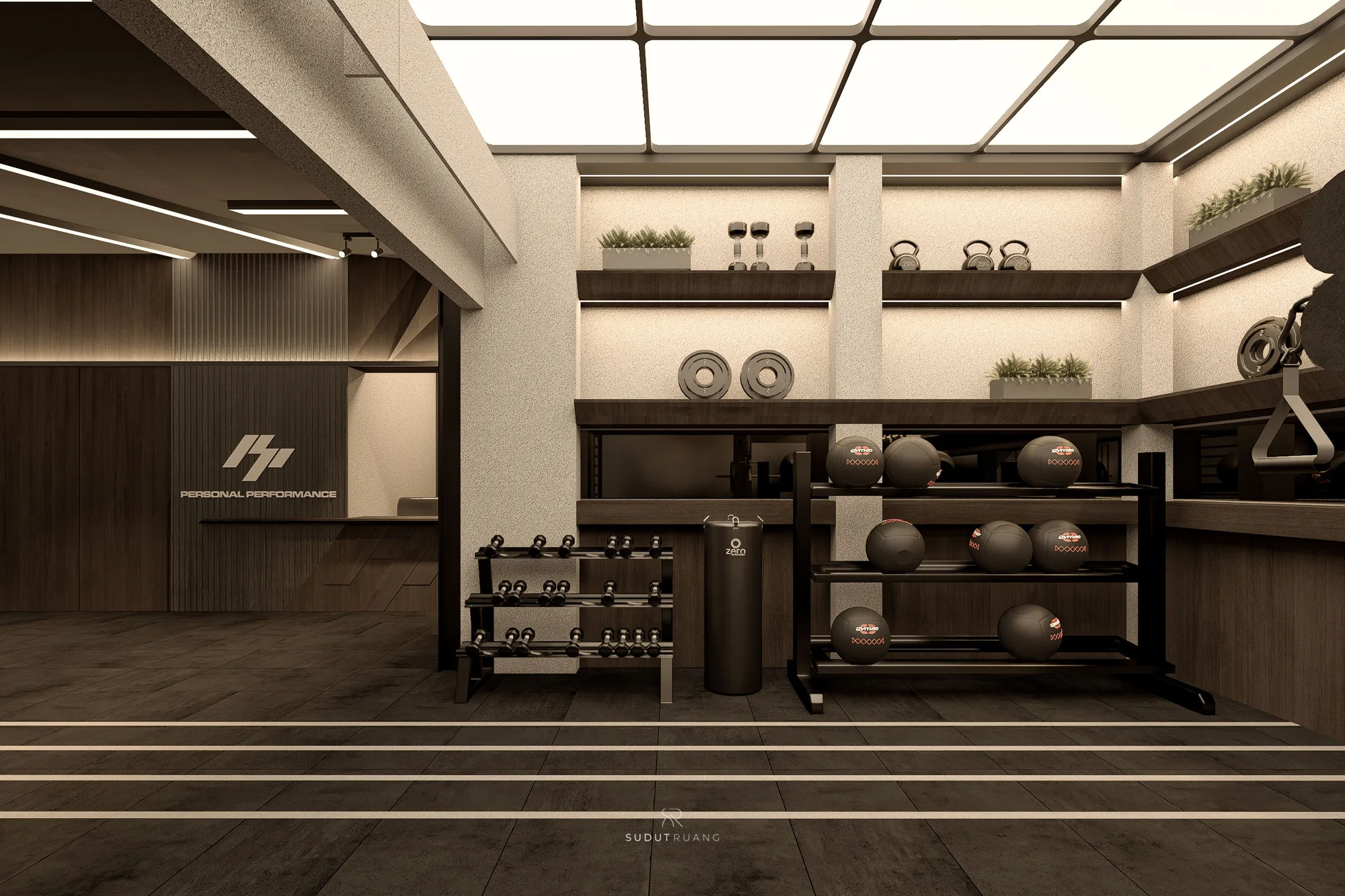PP Gym's reception wall bearing the Personal Performance logo, flanked by shelved dumbbells, kettlebells and medicine balls.