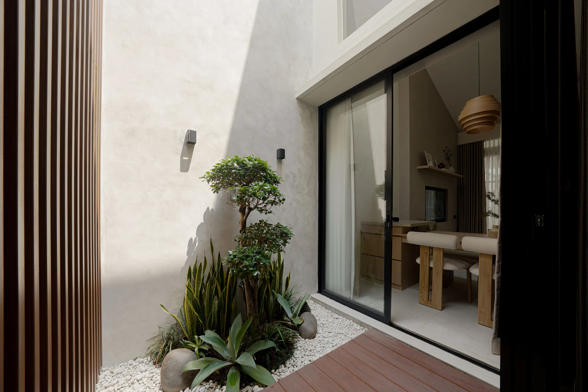 Small planted courtyard with a trimmed tree and timber deck beside glass doors to the living room.