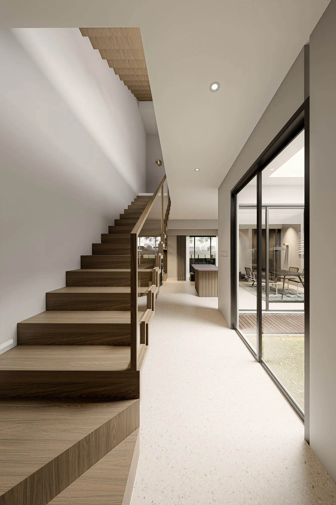 Timber stair rising alongside a corridor that opens onto a glazed sliding door and garden.