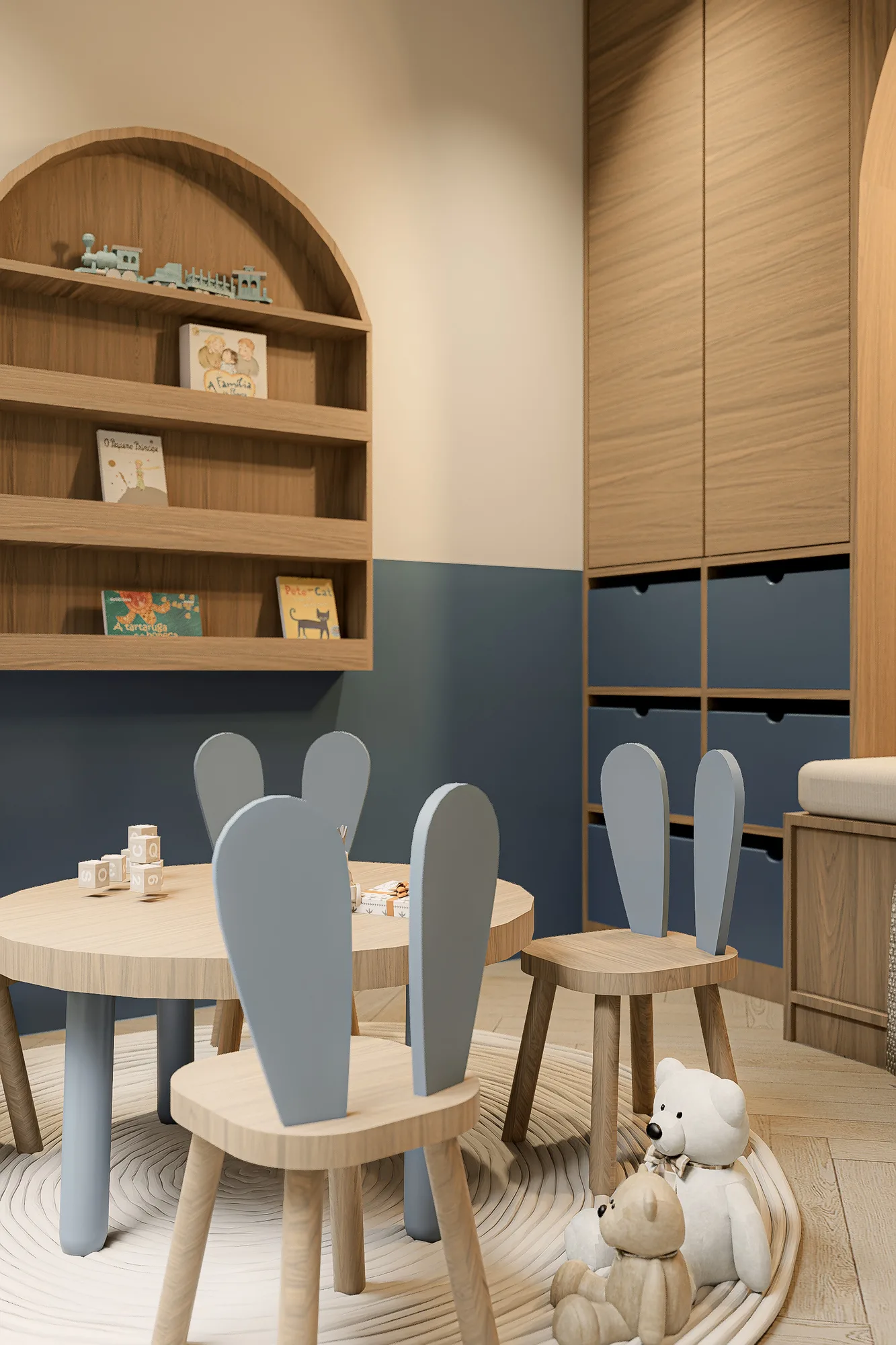 Children's playroom with an arched bookshelf, storybooks, and bunny-eared chairs around a low round table.
