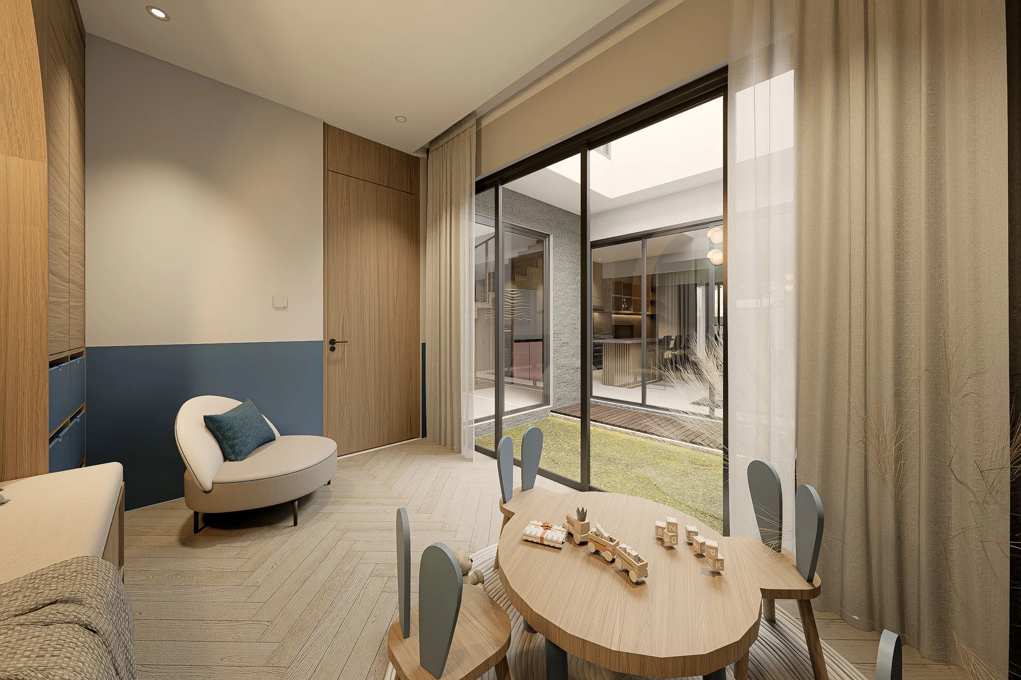 Child's play corner beside a sliding glass door overlooking the garden, a curved armchair and low table with toys.