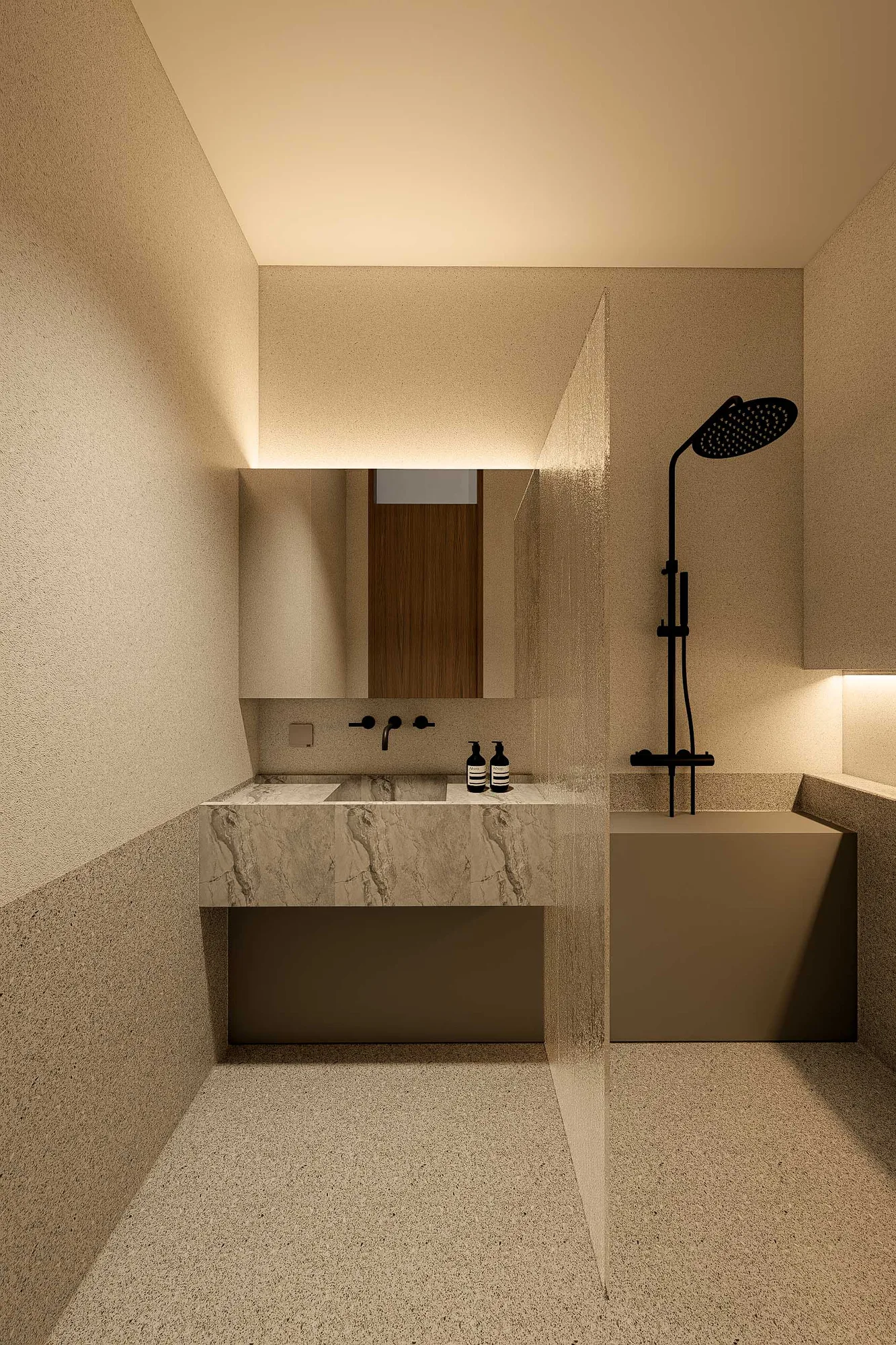 Ensuite bathroom with a floating marble vanity, black rain shower fixture, and a freestanding tub screened by glass.