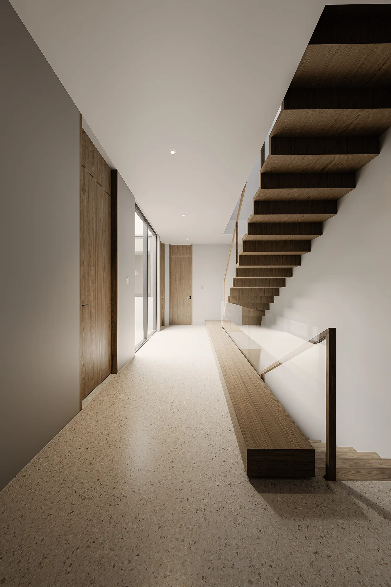 Corridor leading past timber doors to a floating wood-clad stair with a glass balustrade.