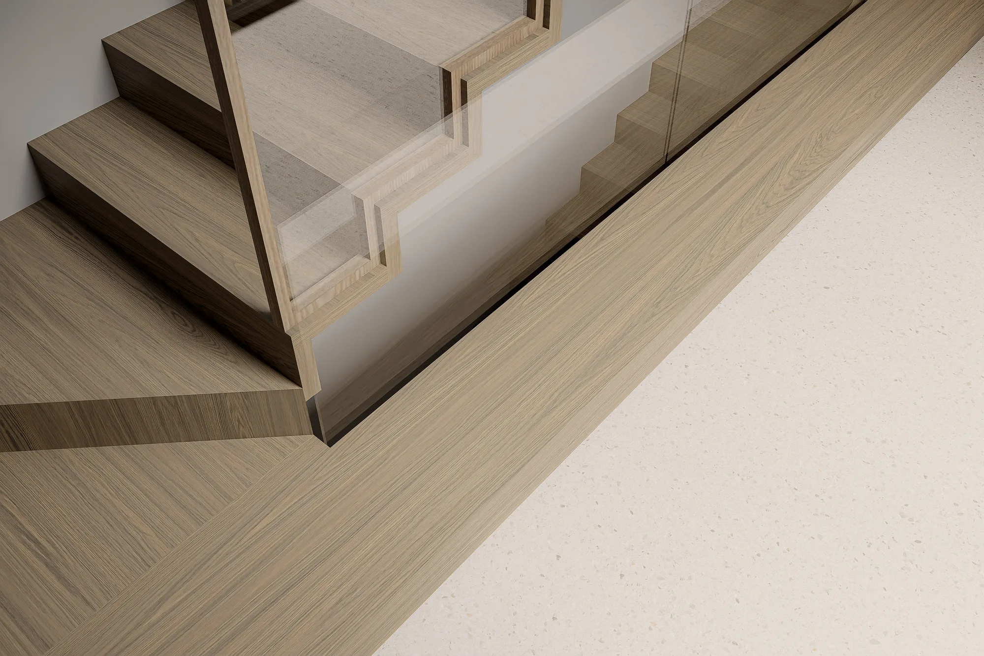 Close-up of the timber stair with a glass balustrade meeting a terrazzo landing.