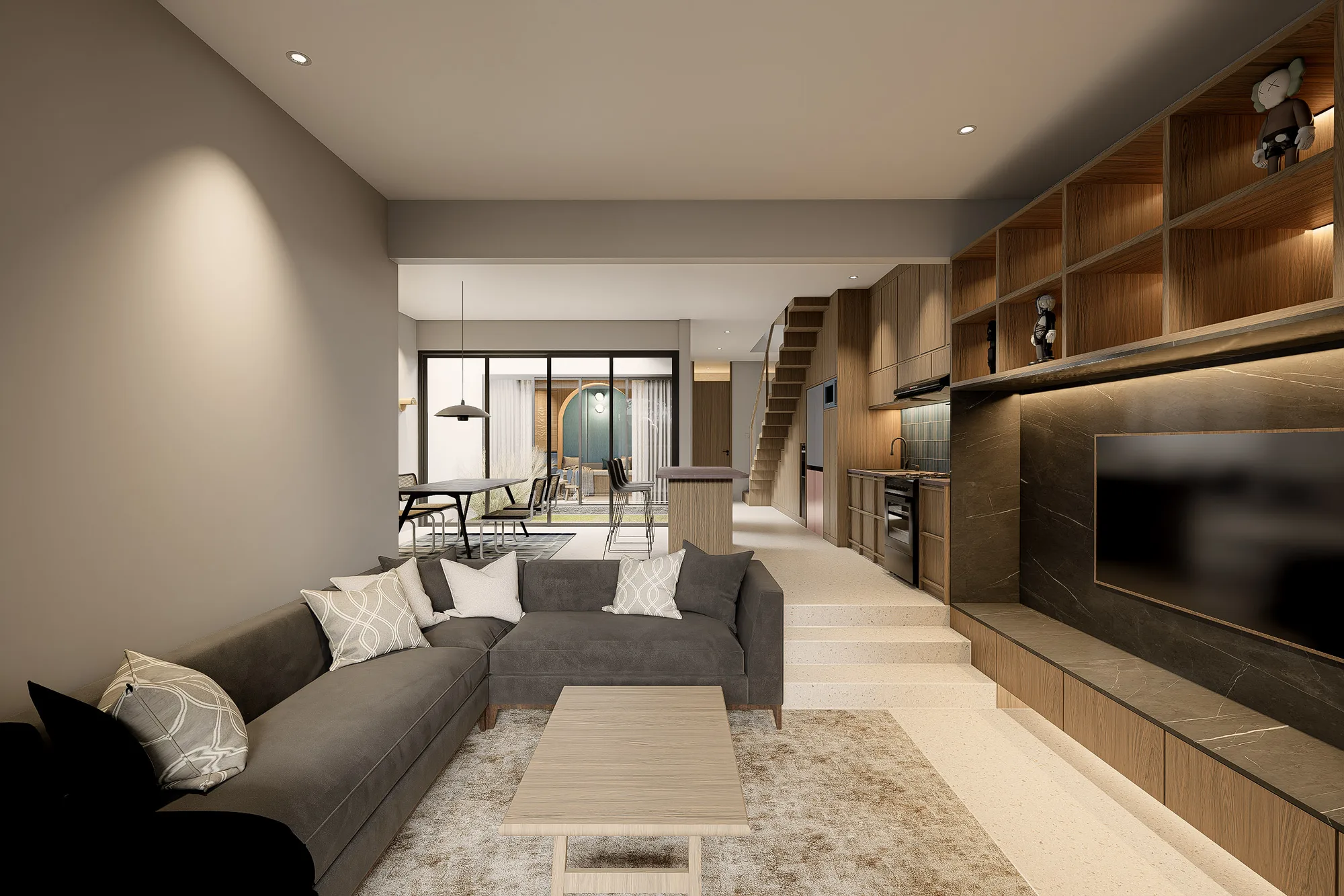 Open living area with a sectional sofa facing a marble media wall, the dining table and courtyard visible beyond.