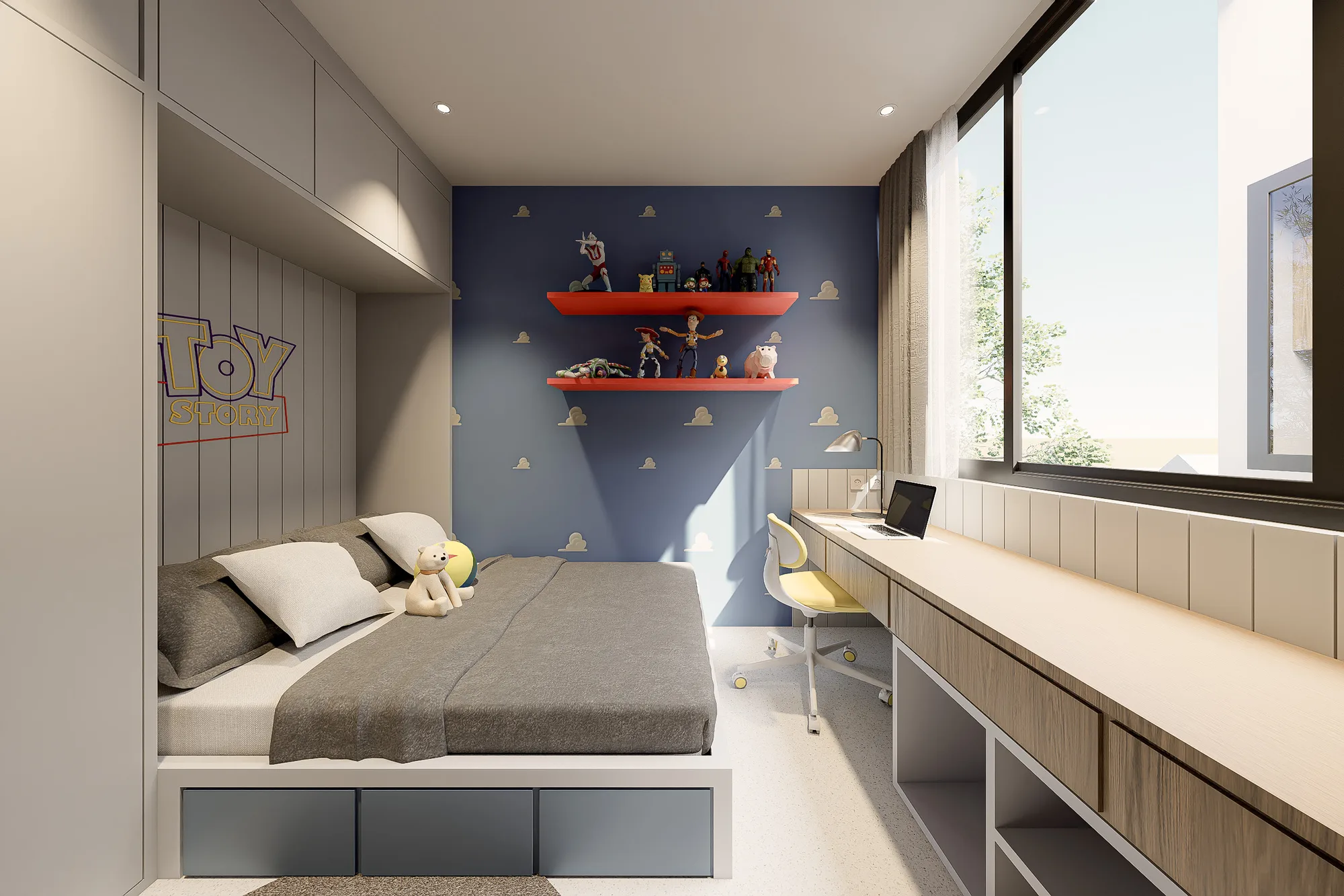 Toy Story-themed bedroom with a red display shelf of action figures against a cloud-print wall, and a window-side study desk.