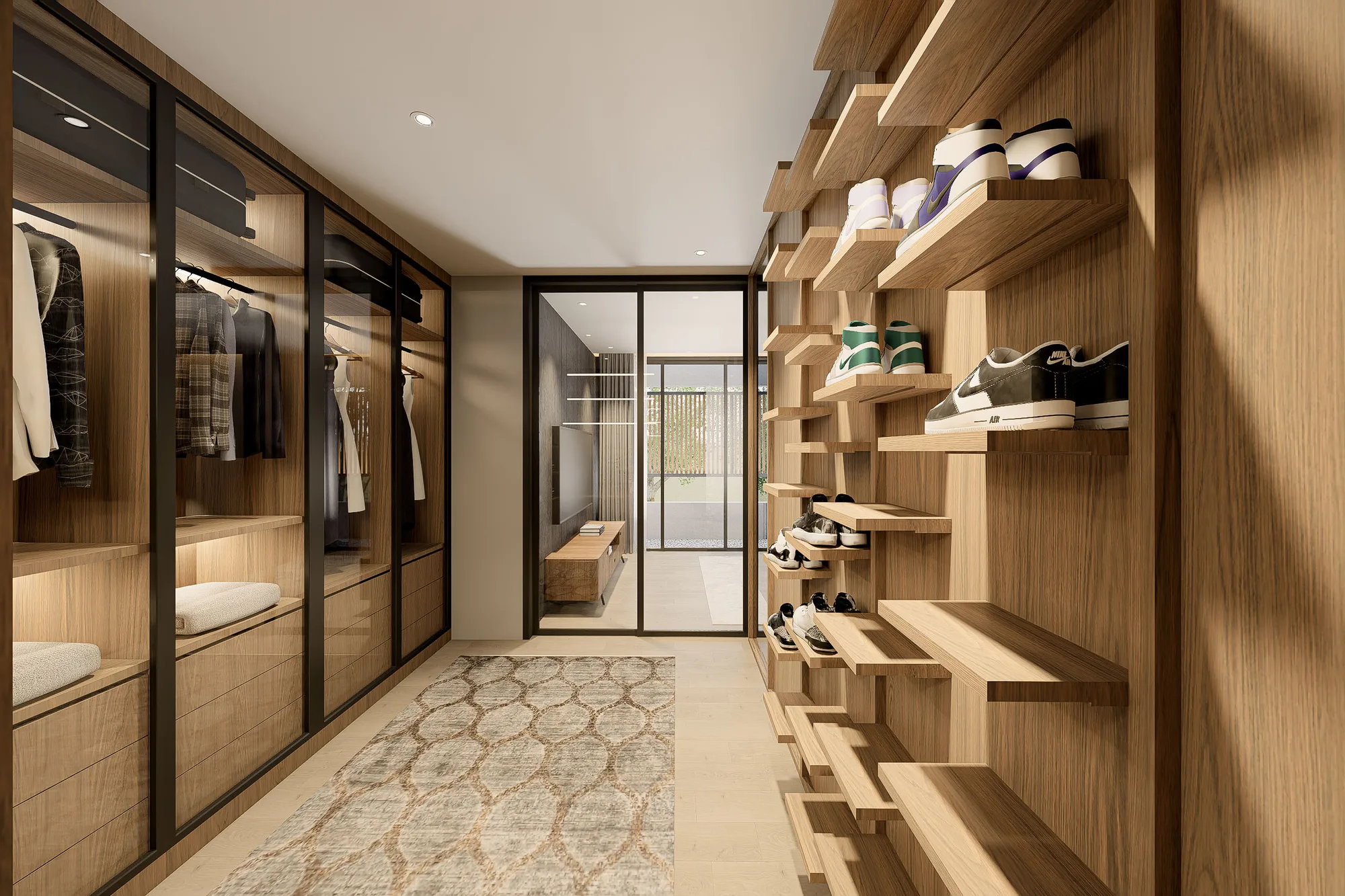 Walk-in closet with glass-fronted wardrobes on one side and a cantilevered timber shoe display on the other.