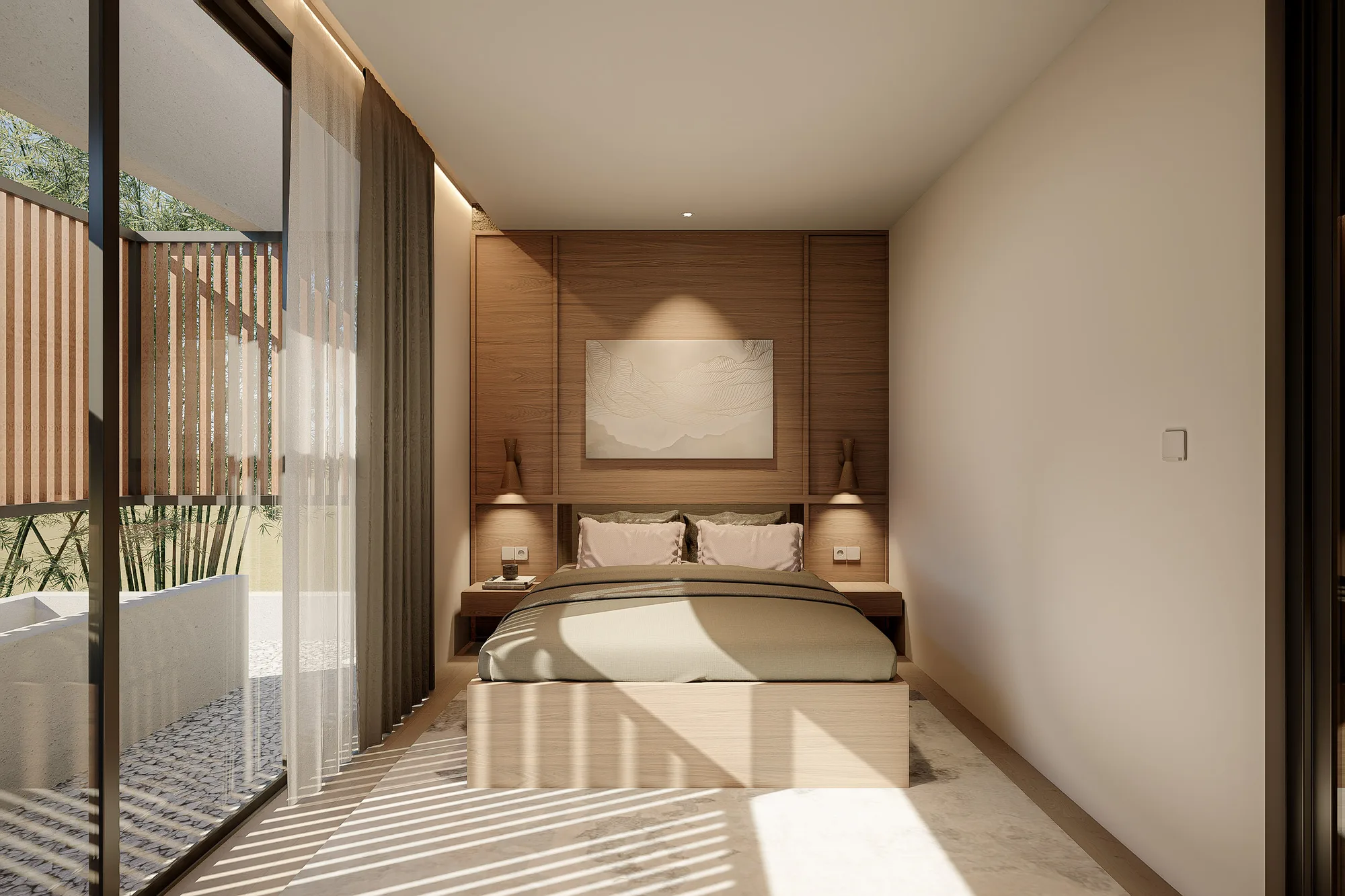 Primary bedroom with a wood-panelled headboard wall and sheer curtains opening to a slatted timber screen outside.