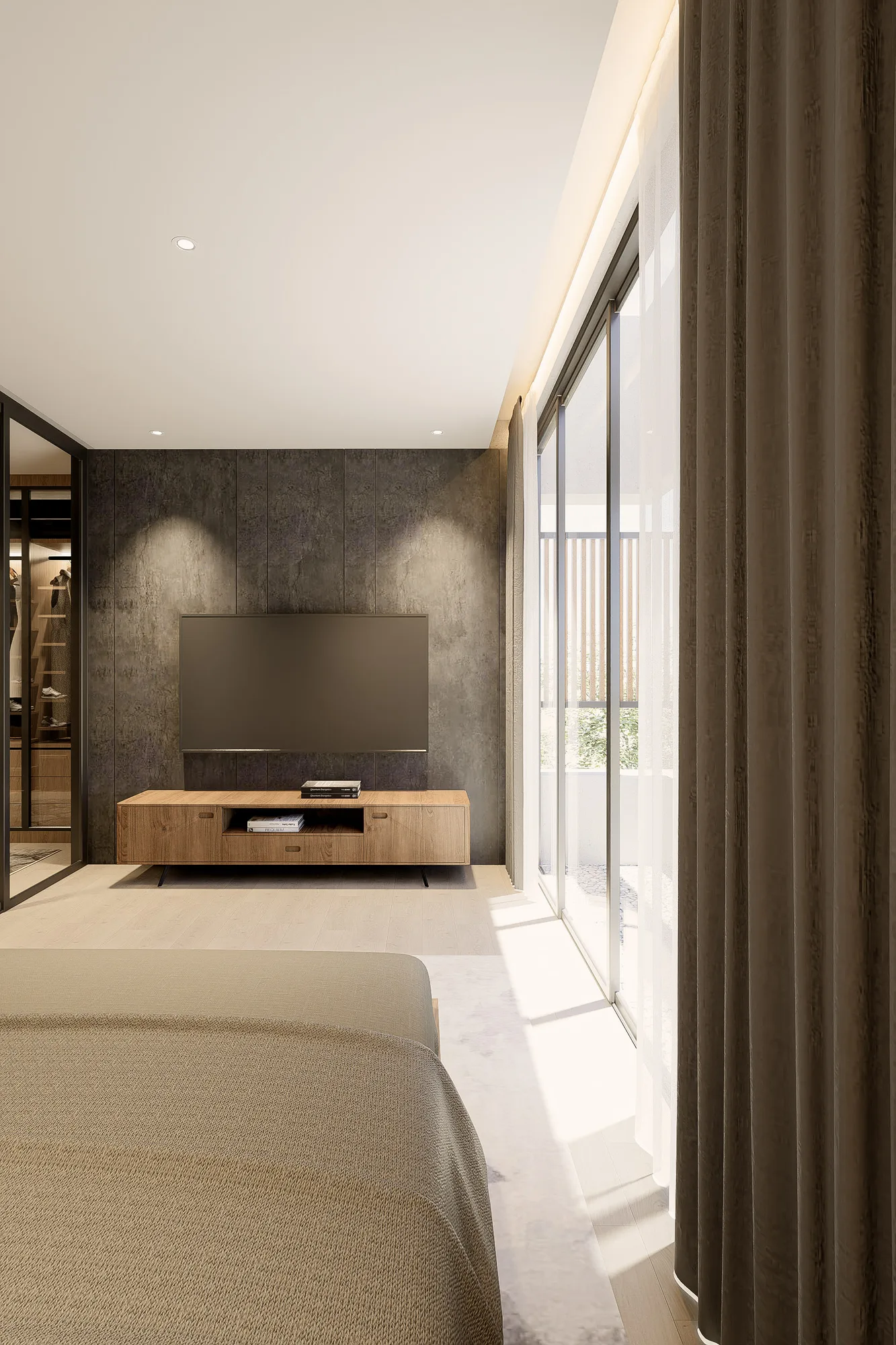 Bedroom TV console in dark stone against a floor-to-ceiling window, walk-in closet visible through the open door.