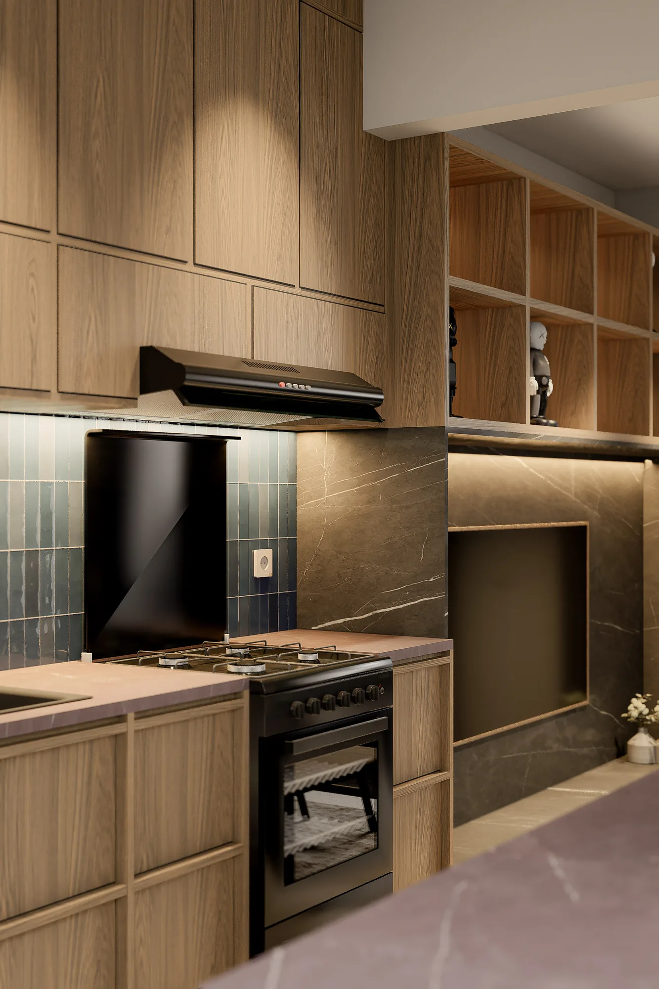 Kitchen cooktop and hood set against green tile and dark marble, with a niche display shelf above.