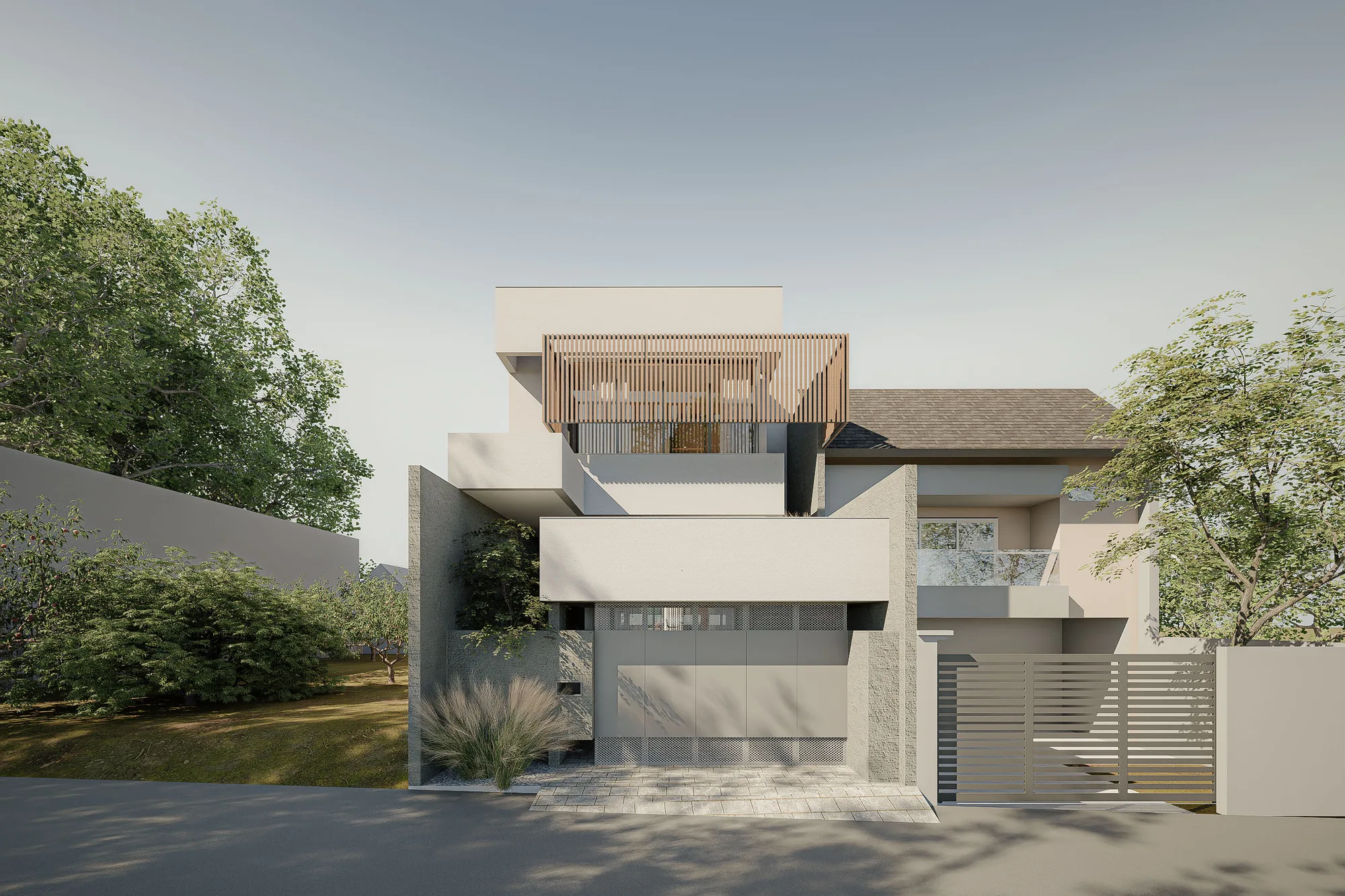 Street facade of Rumah Seiman, layered concrete volumes and a timber-slat balcony screen behind a mature tree.