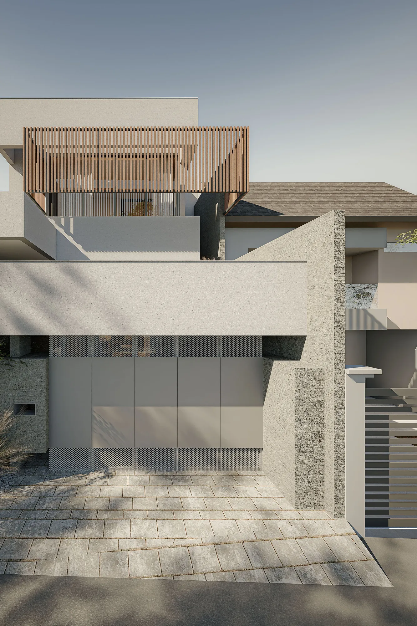 Entry facade of Rumah Seiman, a perforated metal gate and screen beneath a timber-slat balcony.
