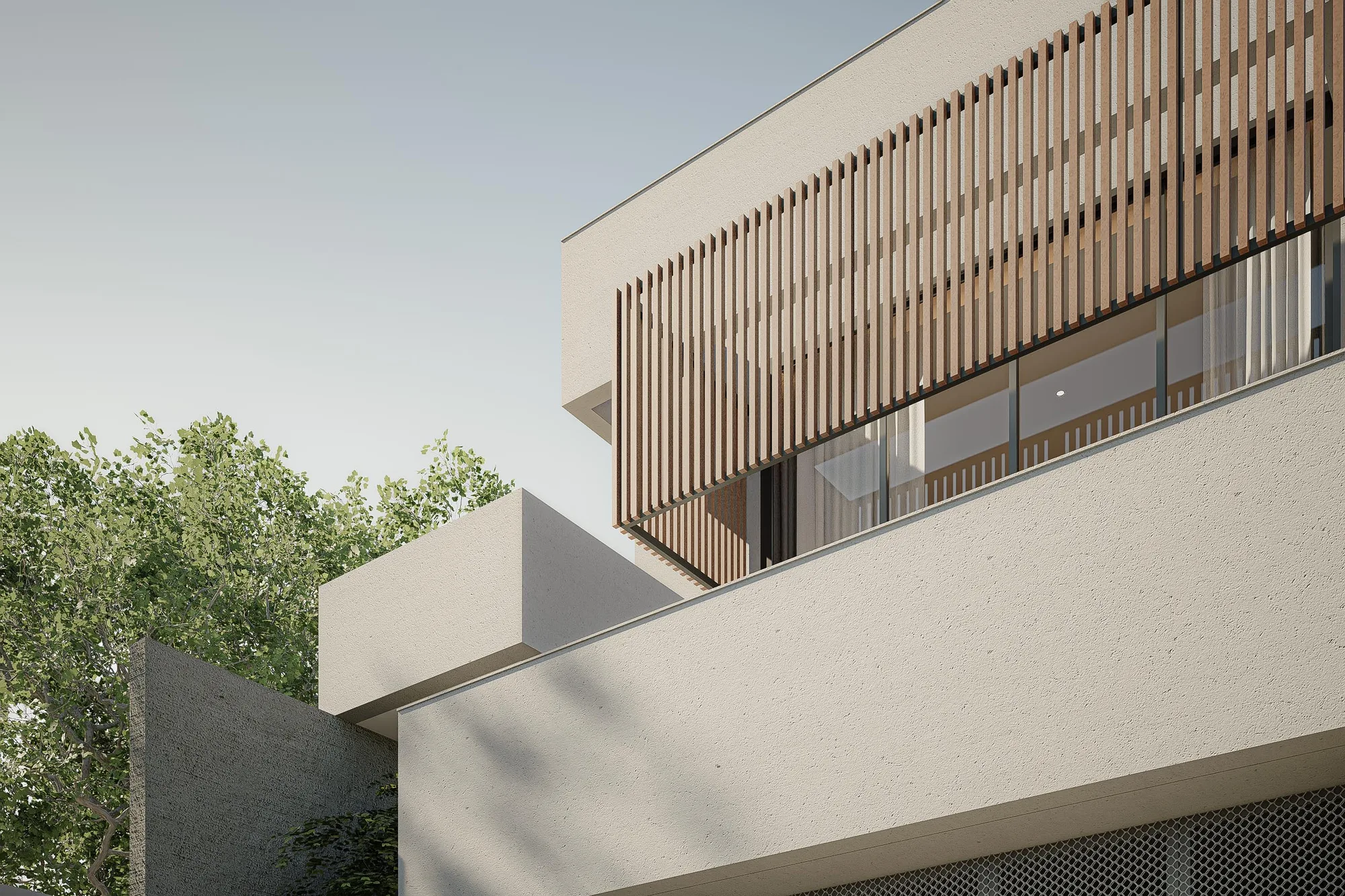 Upper-floor timber slats angling past full-height glass doors, framed against surrounding trees.