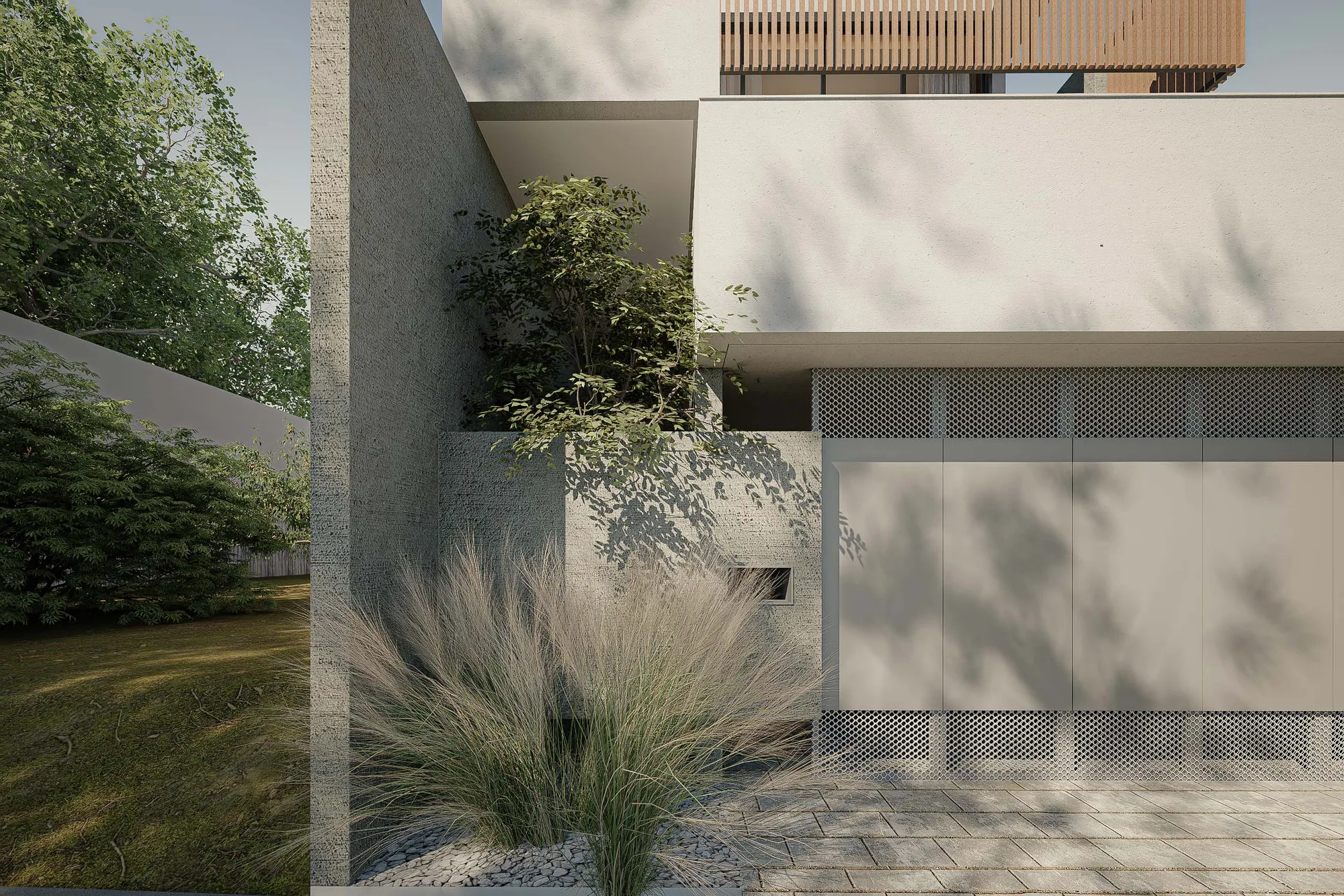 Detail of the ground-floor facade where perforated metal panels meet a rough-textured concrete pier.